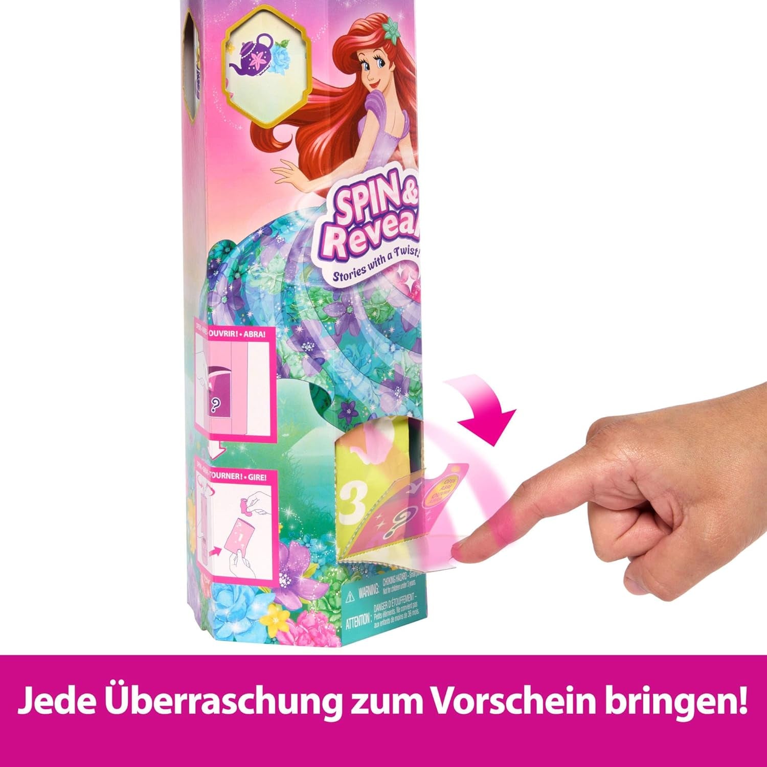 Mattel Disney Princess Ariel Set di bambole alla moda Spin & Reveal con 11 sorprese, inclusi 5 accessori, 5 adesivi e una scena di gioco ispirata al film HTV88