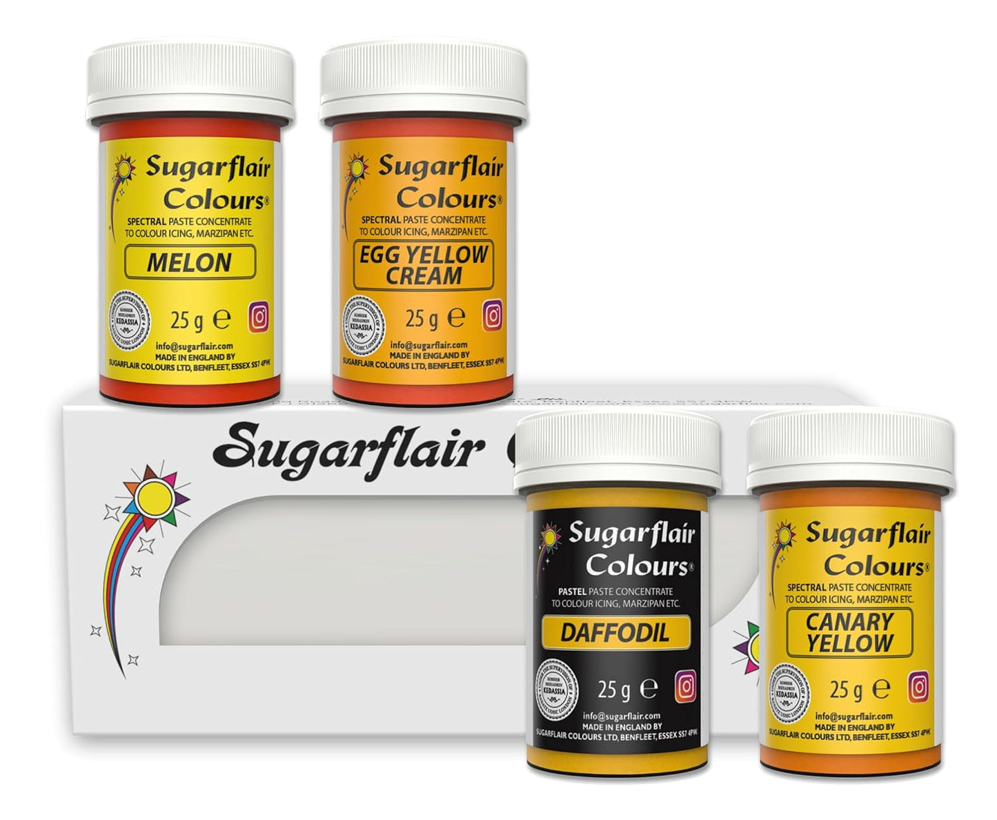Sugarflair Pasta colorante alimentare giallo set da 4 pasta colorante alimentare fondente marzapane pasta di zucchero crema al burro e altro ancora: narciso giallo canarino crema uovo melone set da 4