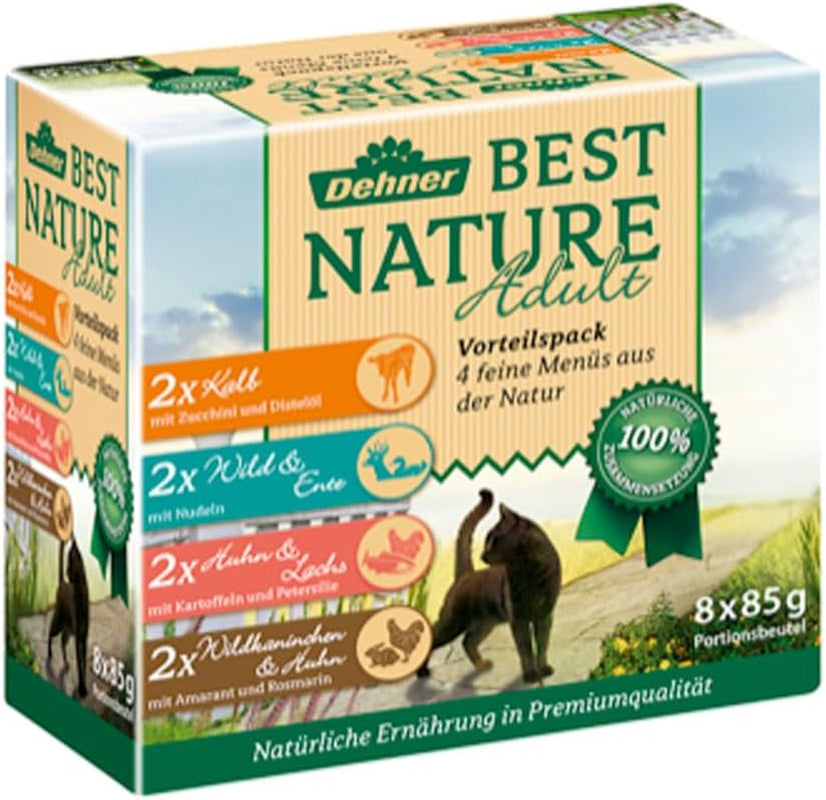 Dehner Best Nature Katzenfutter Multipack, Nassfutter, für ausgewachsene Katzen, je 2 x Kalb / Wild / Huhn / Kaninchen, 8 x 85 g Bag (680 g)