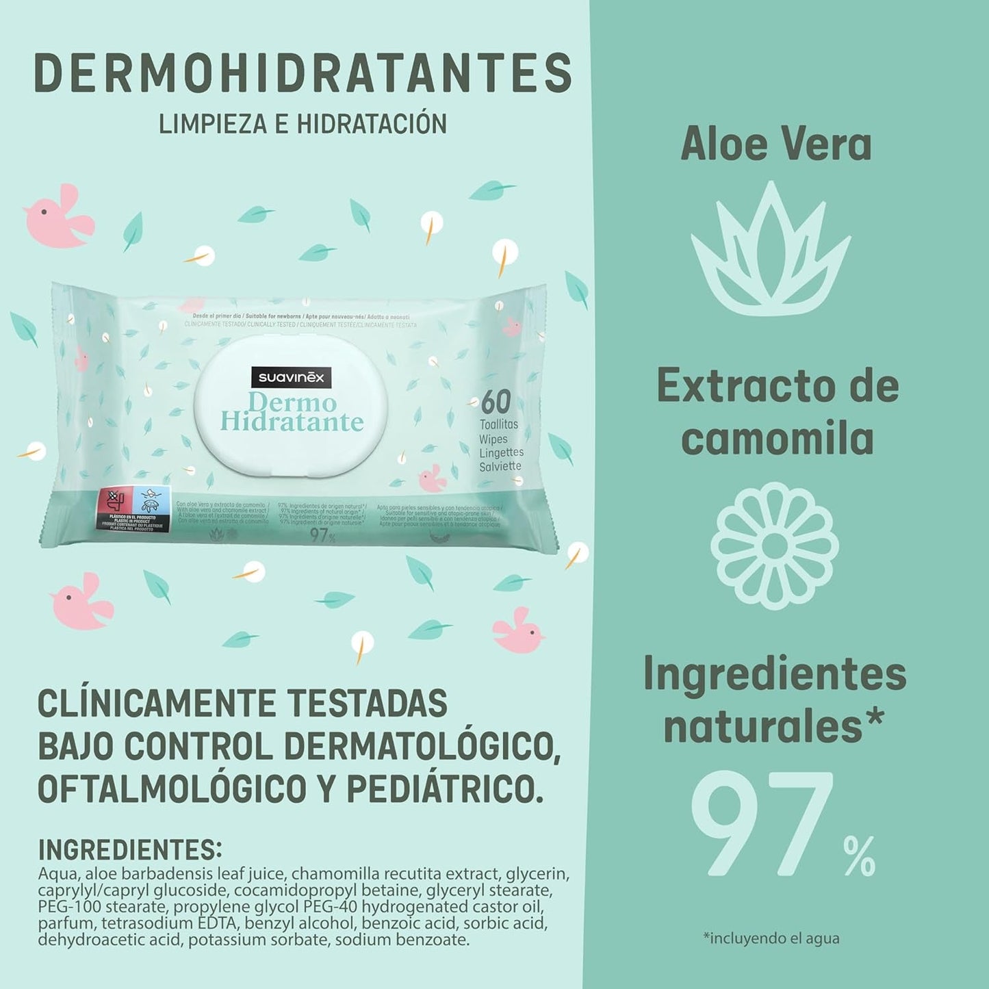 Suavinex 14 Confezione da 60 salviette umidificate per neonati (840 salviette in totale), idratanti, adatte alla pelle atopica, ingredienti naturali al 95%