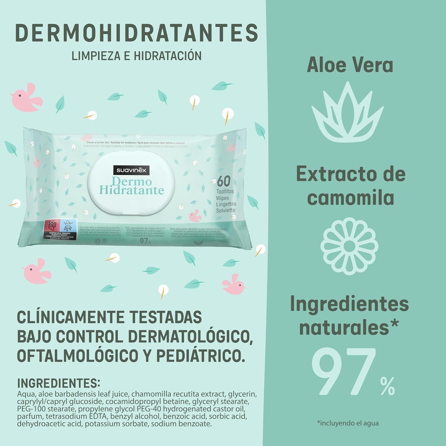 Suavinex 14 Confezione da 60 salviette umidificate per neonati (840 salviette in totale), idratanti, adatte alla pelle atopica, ingredienti naturali al 95%