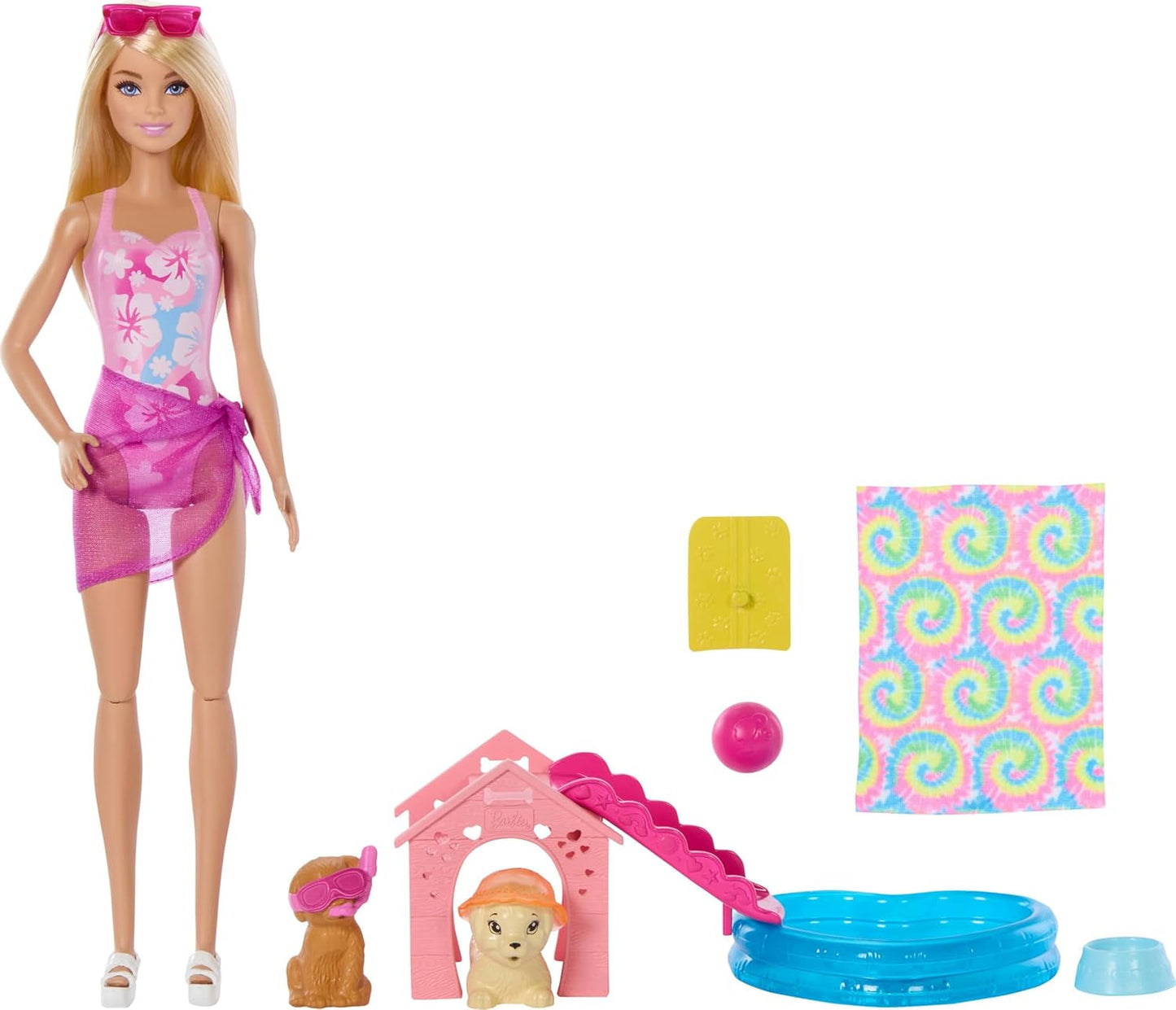 Barbie Puppy Pool Party Playset con bambola alla moda, cuccia e scivolo, piscina a forma di cuore, 2 personaggi di cani, 6 accessori e cambia colore, JBF35