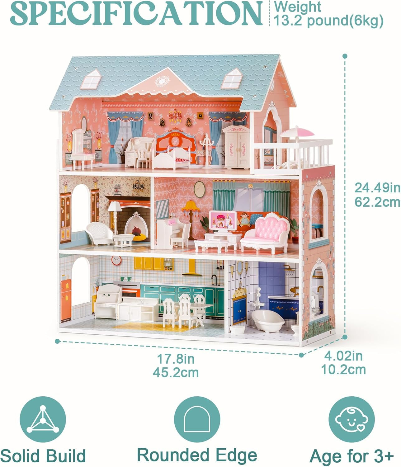 ROBUD Casa delle bambole in legno con mobili e accessori Case per ragazze Casetta dei giochi Giocattolo per bambini