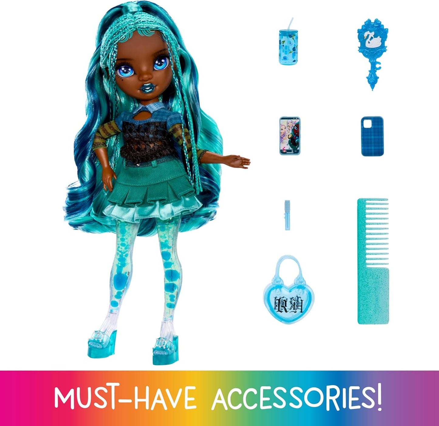 Bambola Arcobaleno Scintillante e Brillante - Misty - Bambola alla moda da 28 cm con capelli turchesi e bolle magiche in piedi, vestiti colorati e gioco da collezione per 4-12 anni