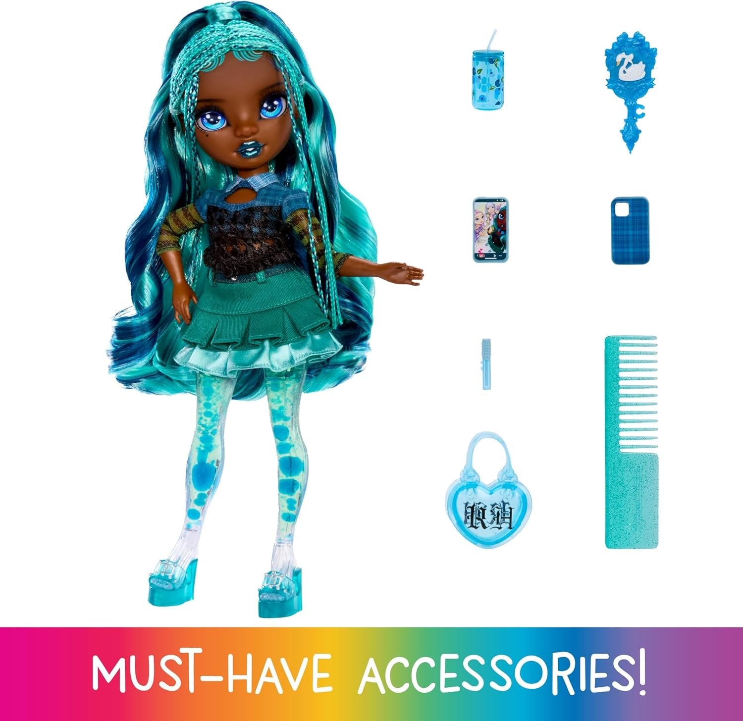 Bambola Arcobaleno Scintillante e Brillante - Misty - Bambola alla moda da 28 cm con capelli turchesi e bolle magiche in piedi, vestiti colorati e gioco da collezione per 4-12 anni