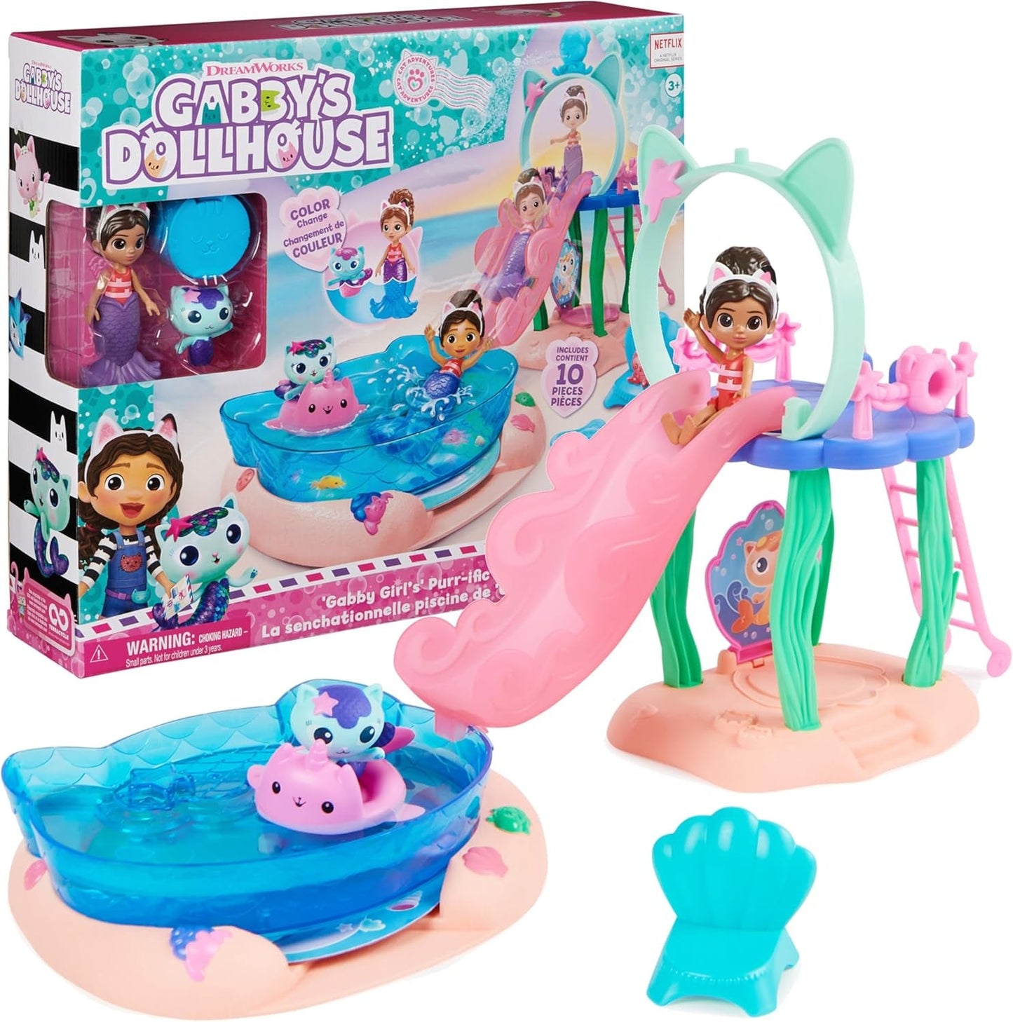 Casa delle bambole di Gabby, set da gioco Purific per la festa in piscina con i personaggi di Gabby e Suricato e camera Deluxe, dolci da forno, cucina da dolci