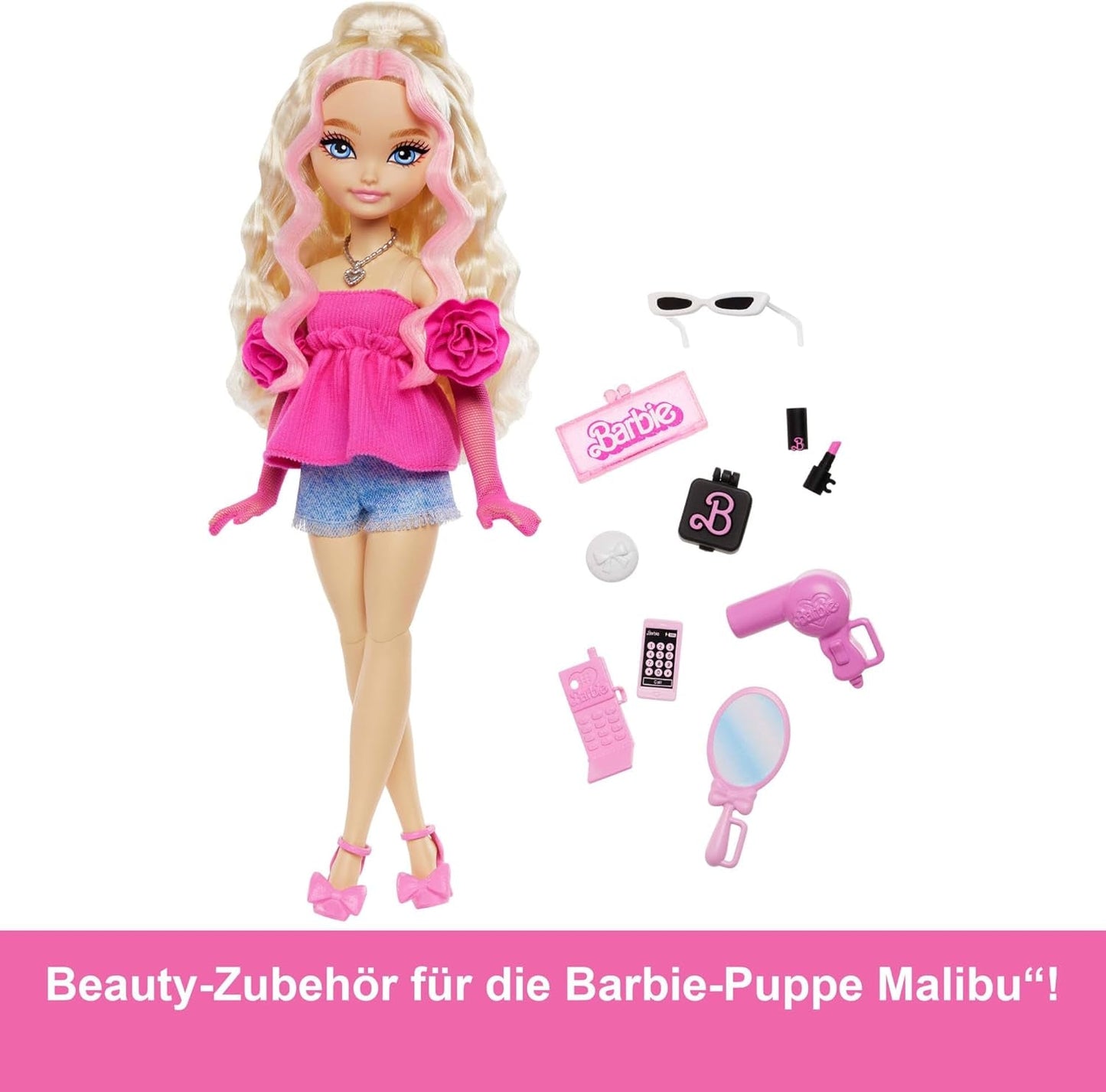 Barbie Dream Besties Puppe e Accessori, bewegliche Barbie Malibu“ Modepuppe mit welligem blonden Haar, 11 Teile zum Thema Make-up und Haare, HYC21