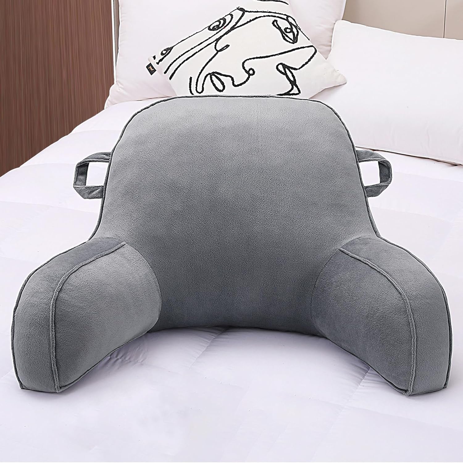 Cuscino per la lettura, Cuscino per il riposo a letto per adulti e bambini, Comodo cuscino per lo schienale in velluto con braccioli, tasche e maniglia per sedersi a letto, Cuscino per lo schienale per leggere, studiare e guardare la TV