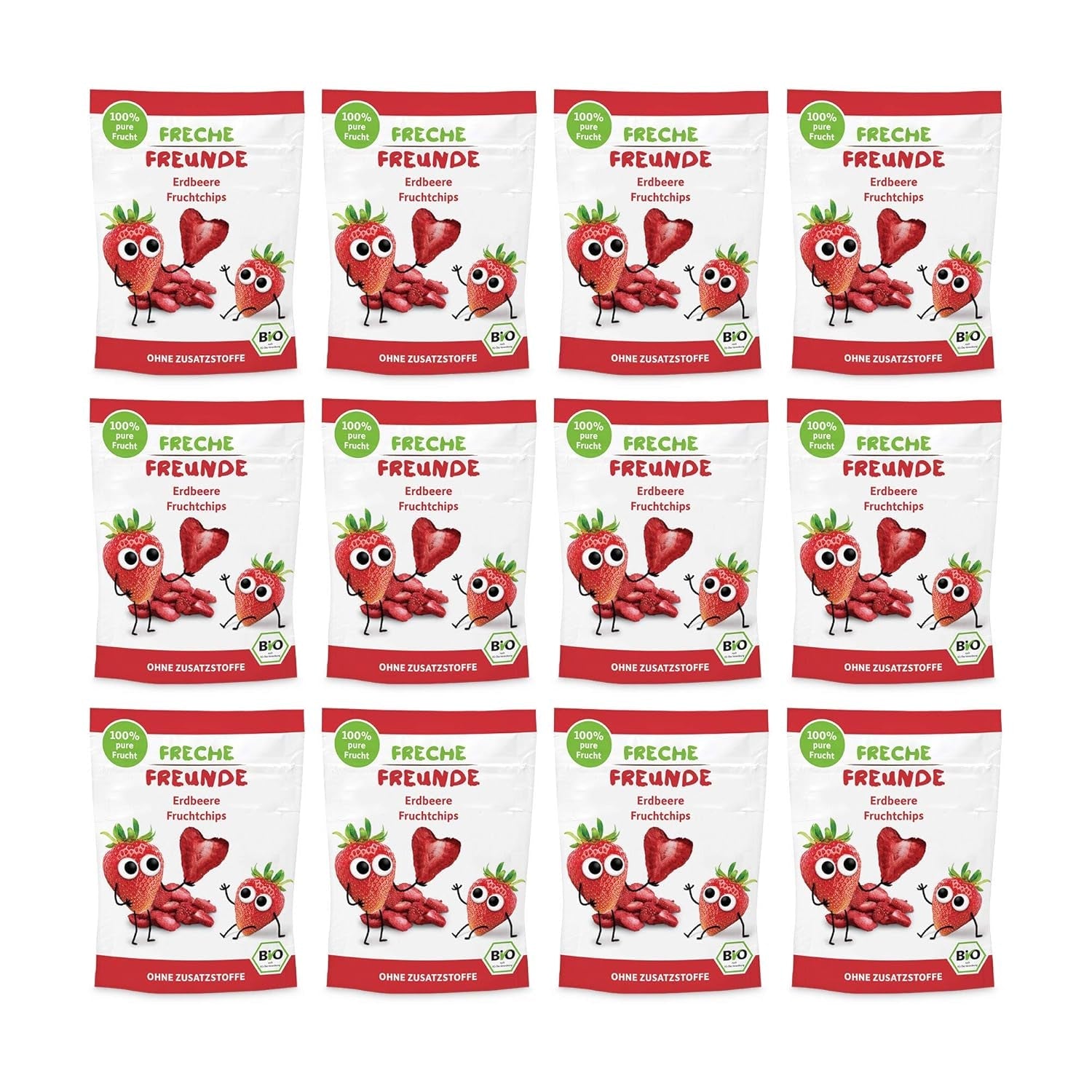 Patatine di frutta biologica "100% Fragola" Patatine di frutta alla fragola liofilizzata (12 x 12 g) e nuove frittelle croccanti di mais e carote biologiche, snack biologico, da 1 anno, (9 x 30 g) 270 g