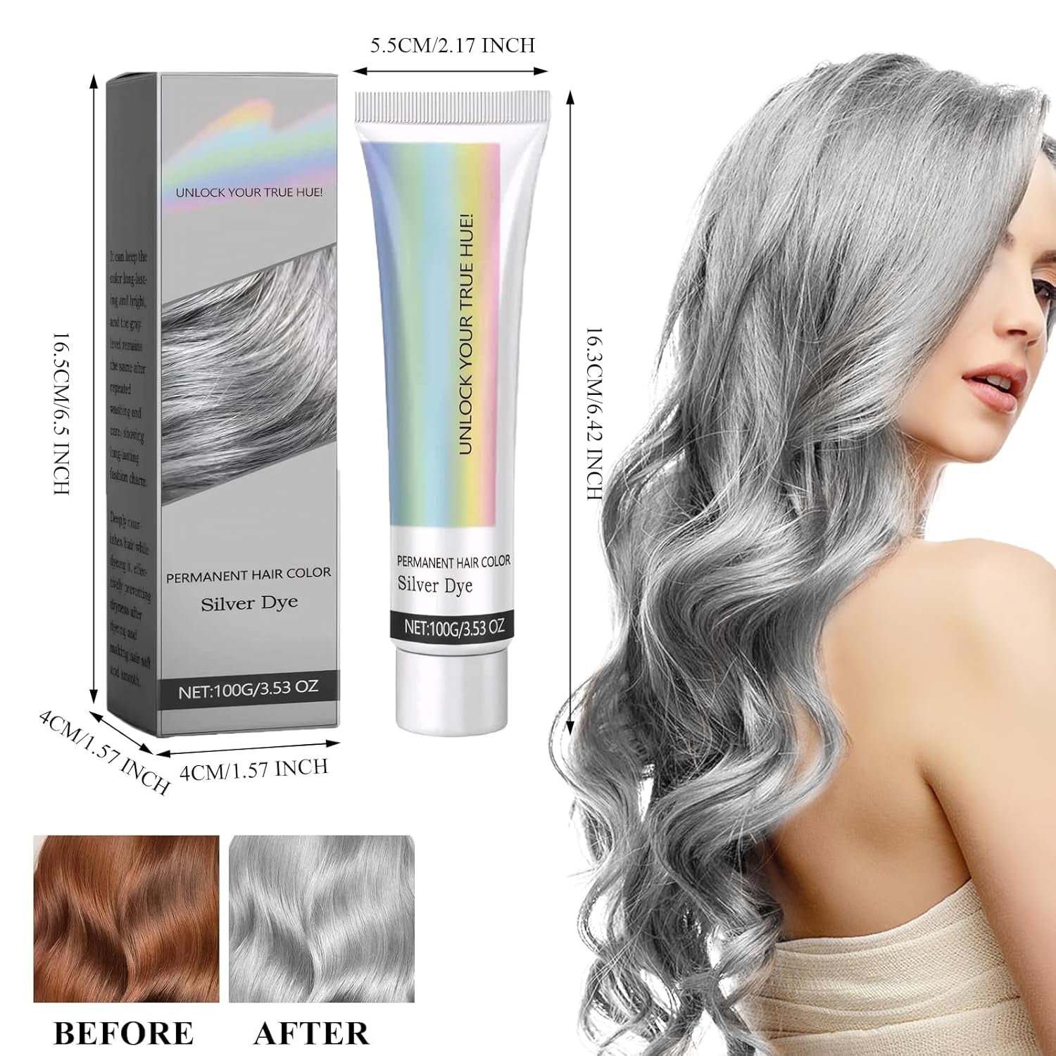 Tintura per capelli Grigio Argento Crema Colorante Per Capelli Grigio Argento Naturale, Crema Colorante Per Capelli Grigio Grigio Argento, Crema Colorante Per Capelli Naturale Grigio Argento Tinta Per Capelli Grigia per tutti i tipi di capelli con 1 Massaggiatore Del Cuoio Capelluto (100ml) Tinture per capelli Naty Shop