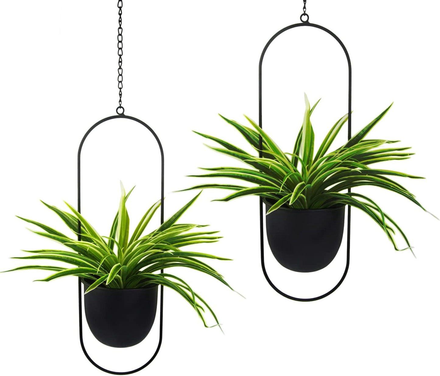 Vasi da fiori sospesi in metallo 2 pezzi Appendiabiti geometrico ovale nero con vasi Fioriera moderna da parete e soffitto Vasi da fiori da 15,2 cm per interni ed esterni 2 pezzi