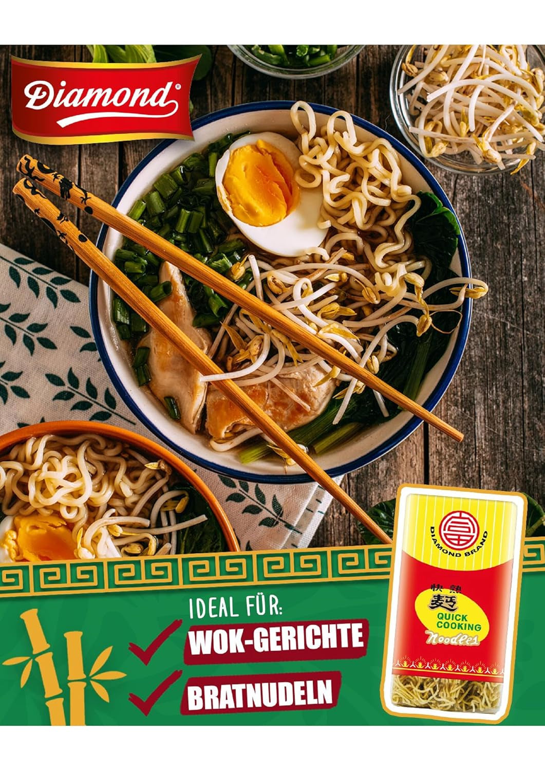 DIAMOND Tagliatelle istantanee senza uova, tagliatelle istantanee con farina di frumento Wok e contorni - 1 x 500 g