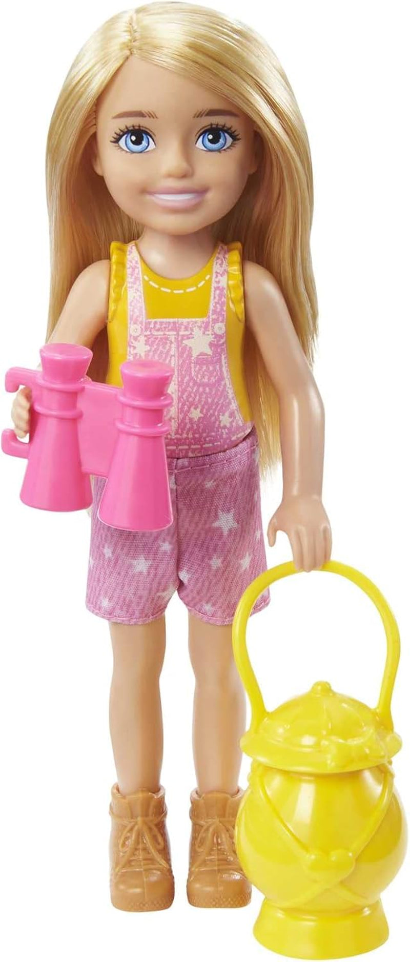 Serie Barbie Chelsea, bambola Chelsea da campeggio con capelli biondi, gufo, sacco a pelo, cuscino, torcia elettrica, binocolo, accessori da campeggio, regalo per bambini, giocattolo da 3 anni in su, HDF77