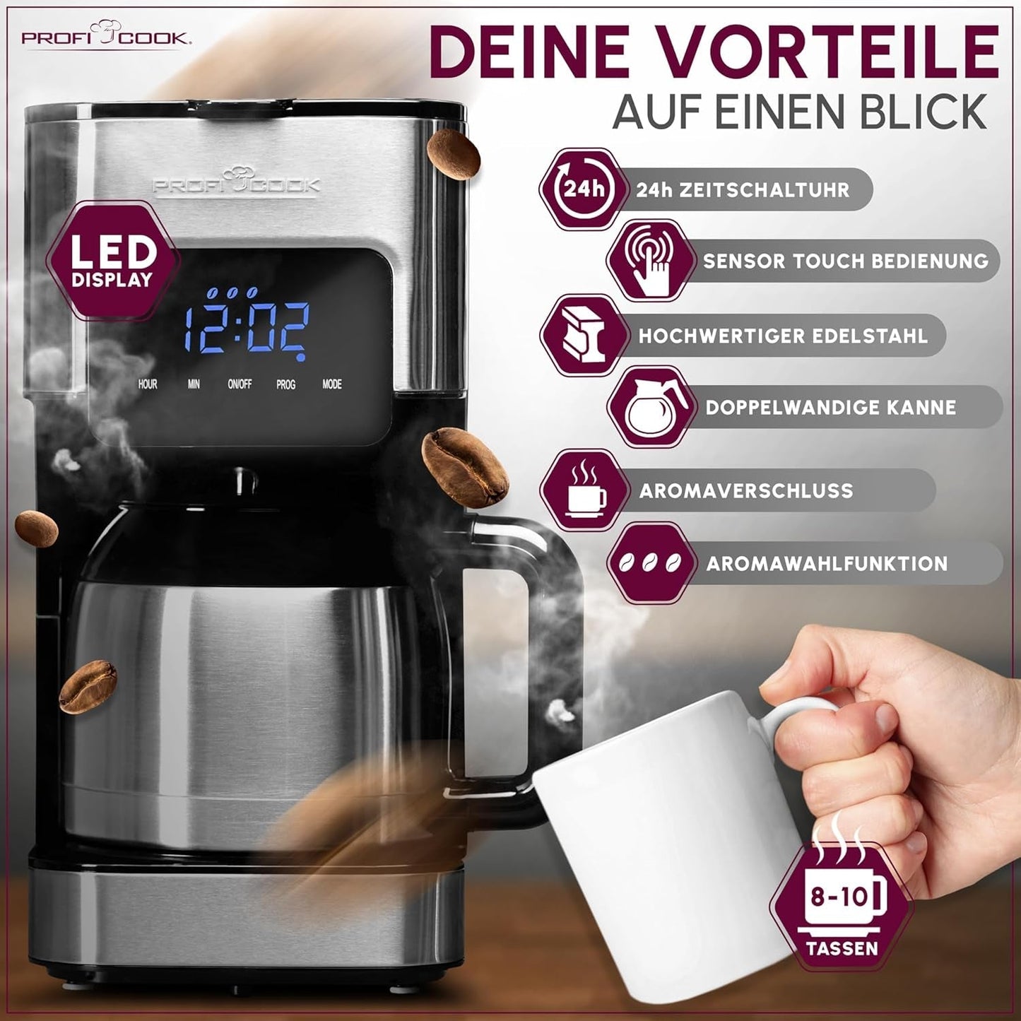 Macchina da caffè Profi Cook | 8-10 tazze | Temporizzatore | Controlli tattili con sensore | Caraffa termica a doppia parete da 1,2 litri | Sigillo di sapore | Caffettiera con filtro in acciaio inox | PC-KA 1191