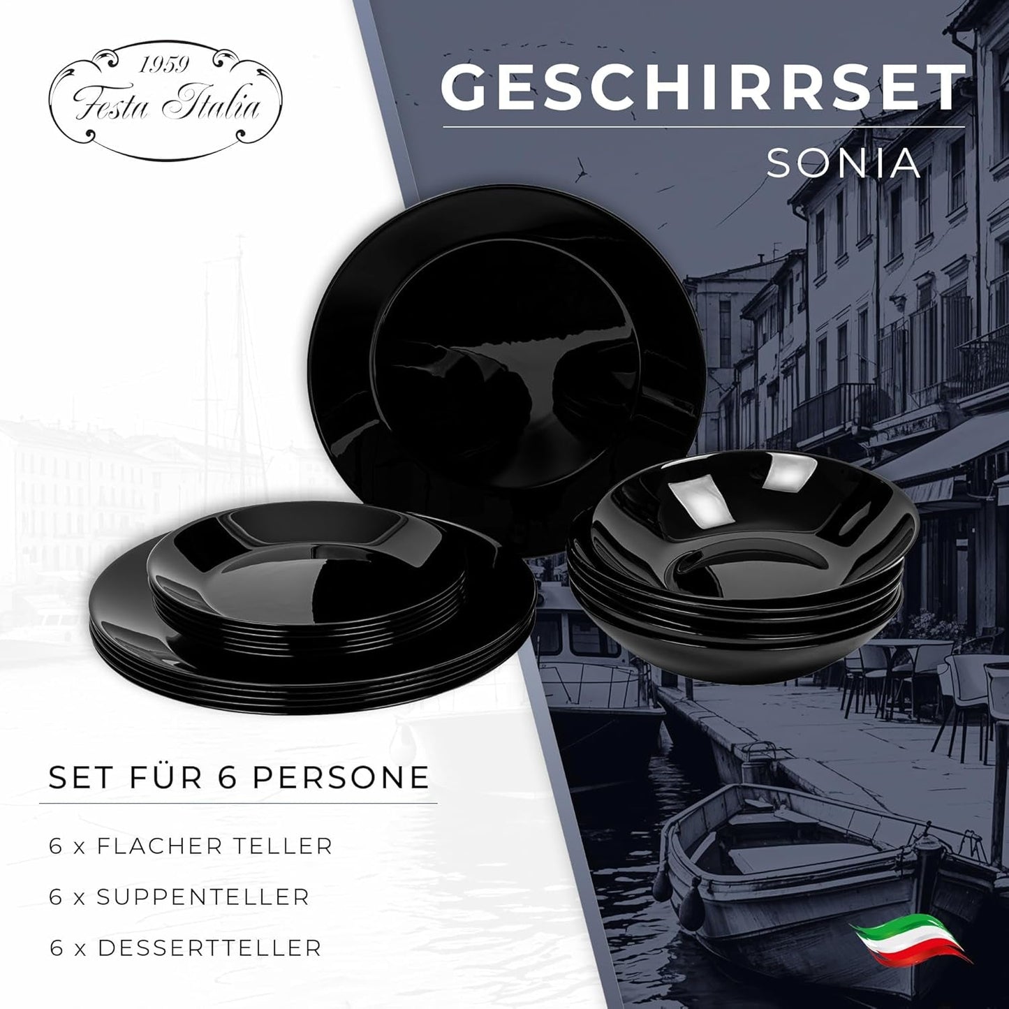 Servizio Piatti per 6 - 18 Pezzi - Servizio Piatti in Vetro Opale - Servizio Piatti Nero - Set Piatti e Ciotole - Piatti Moderni - Piatti - Servizio da Tavola - Servizio Piatti per 6