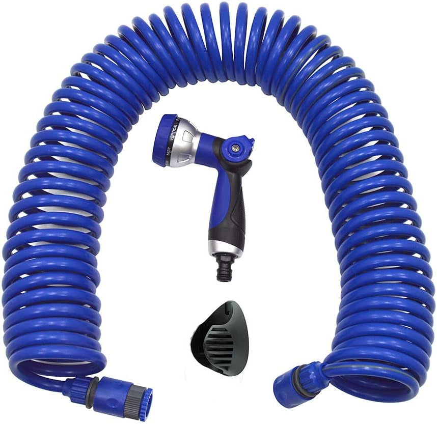 590078 – Set tubo a spirale blu 15 metri (diametro 9 mm) + pistola multifunzione con 8 ugelli + filettatura interna automatica con adattatore ¾-½ + 2 connettori rapidi + staffa di sospensione