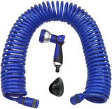590078 – Set tubo a spirale blu 15 metri (diametro 9 mm) + pistola multifunzione con 8 ugelli + filettatura interna automatica con adattatore ¾-½ + 2 connettori rapidi + staffa di sospensione