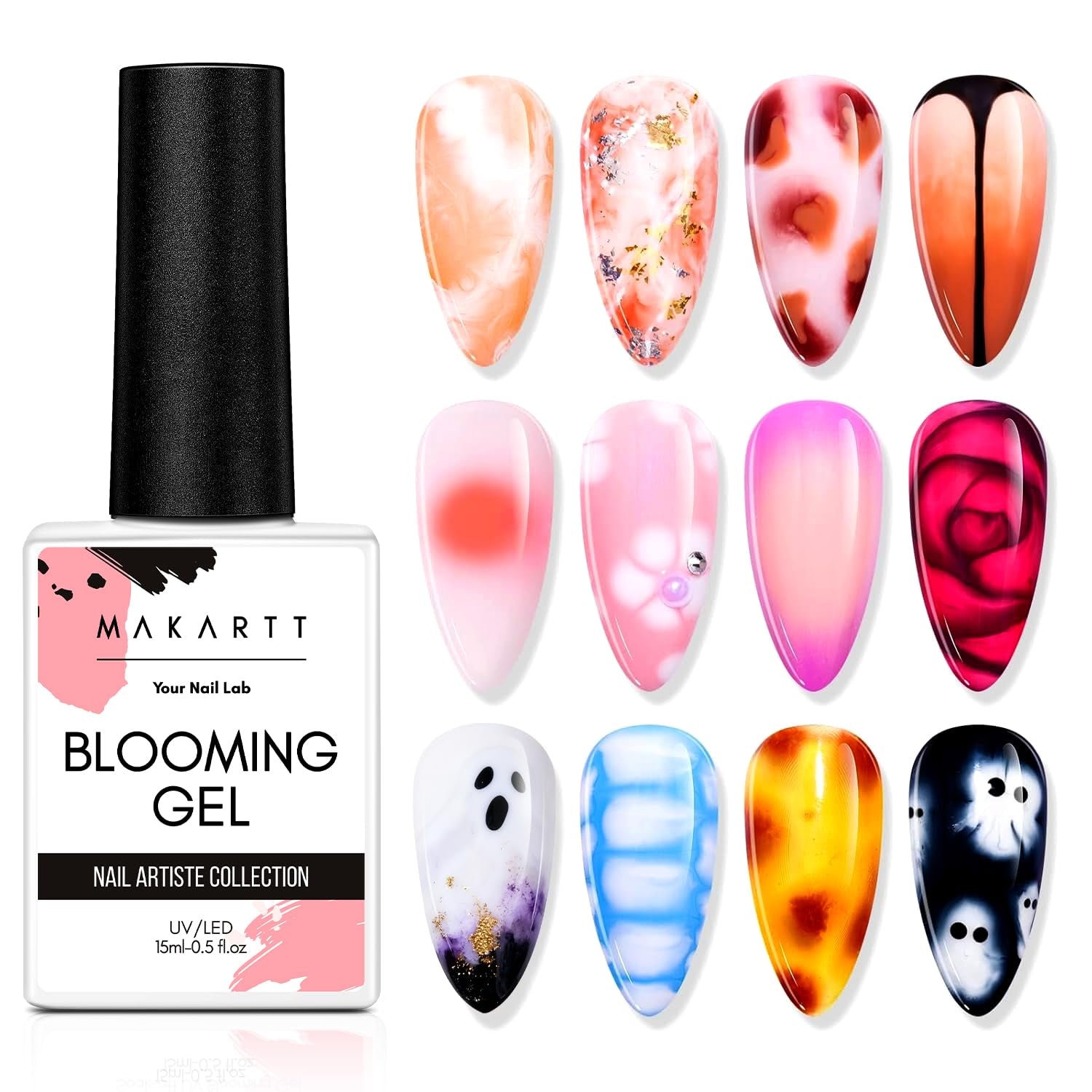 Makartt Blooming Gel Nail Polish - Estensore per smalto gel Blooming da 15 ml con colore marmorizzato, vernice gel, disegni per unghie manicure fai da te, fiori, animali, acquerello, kit manicure magico