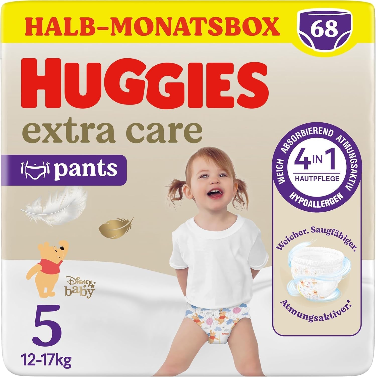 Pantaloni Huggies Extra Care Disney Design Taglia 5 68 Pannolini (2x34) Confezione da metà mese