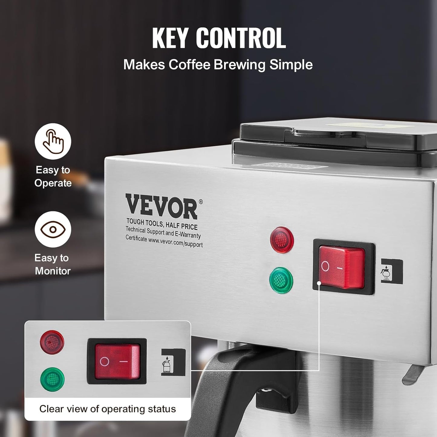 VEVOR Macchina per caffè espresso commerciale con filtro da 12 tazze con 3 caraffe in vetro e 3 piastre riscaldanti Macchina per caffè espresso in acciaio inossidabile con fornitura automatica di acqua per bar ristorante ufficio
