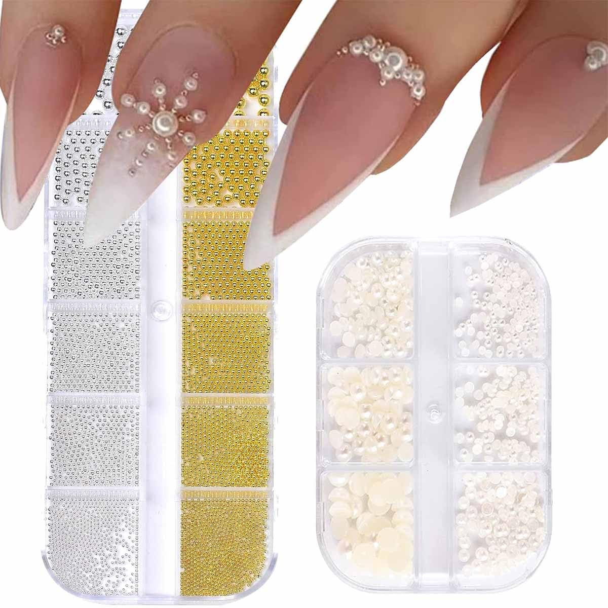 GZMAYUEN Nail Art Perle Micro Caviar Per Nägel, 0.3-3Mm Goldene Silber Mini Caviar Strasssteine, Weiß Beige Mini Nägel Perle Mikroperlen Dekor Per Nägel