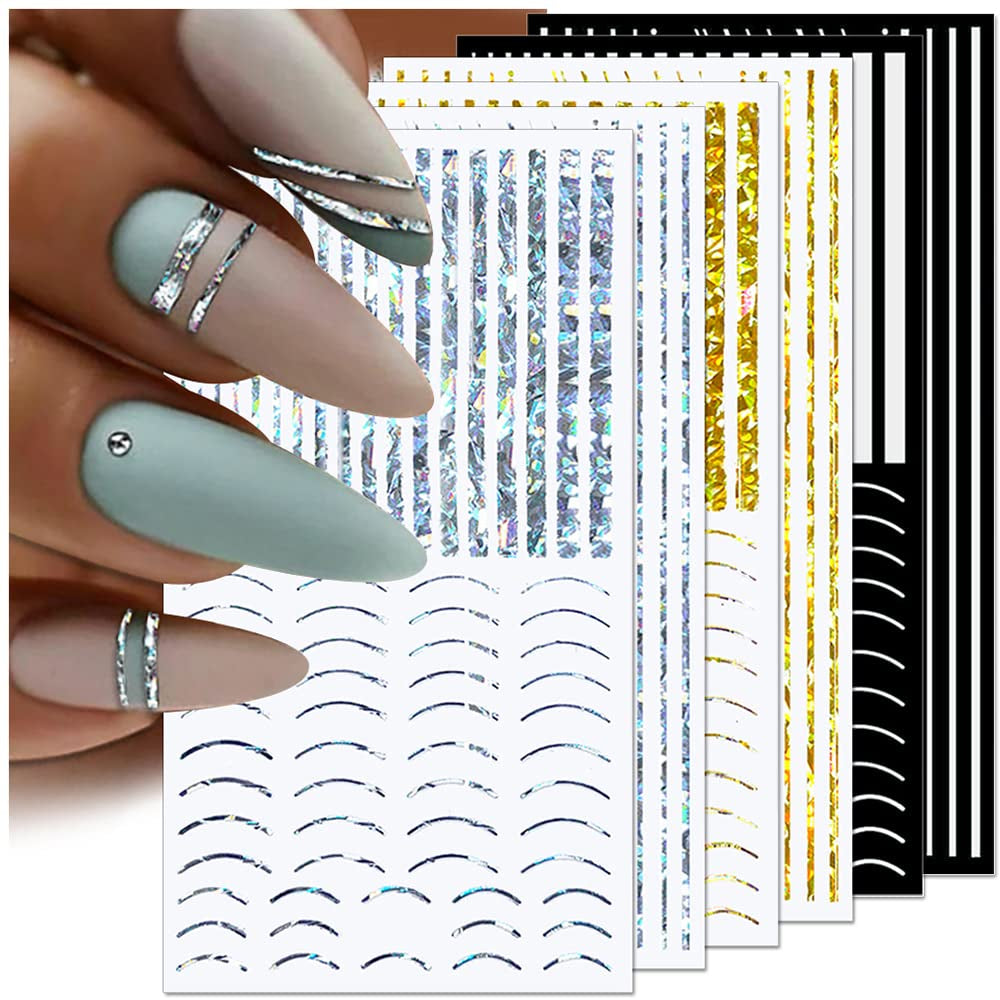 12 fogli Linee glitterate laser Adesivi per unghie autoadesivi Adesivi olografici Strisce di bronzo Adesivi per unghie Linea francese Fiocchi curvi Linee ondulate Adesivi per unghie Accessori per nail art