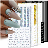12 fogli Linee glitterate laser Adesivi per unghie autoadesivi Adesivi olografici Strisce di bronzo Adesivi per unghie Linea francese Fiocchi curvi Linee ondulate Adesivi per unghie Accessori per nail art