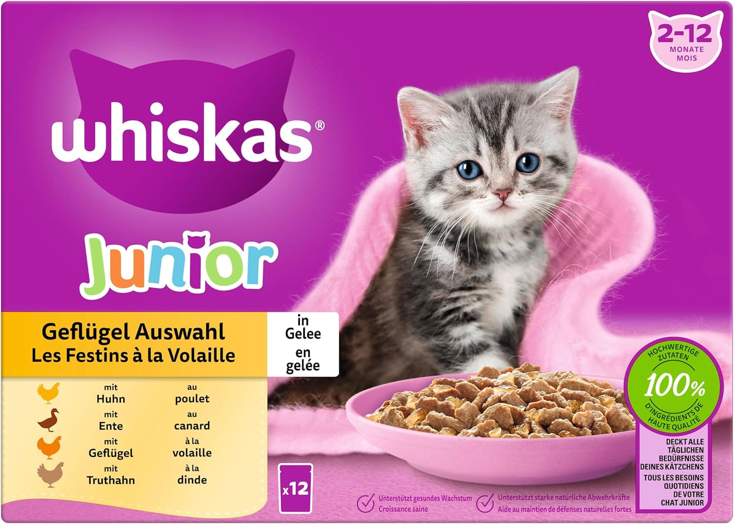 WHISKAS Junior Bustine di Alimenti Umidi, Confezione Multipla, Selezione di Carne di Pollame in Gelatina, 12 x 85g
