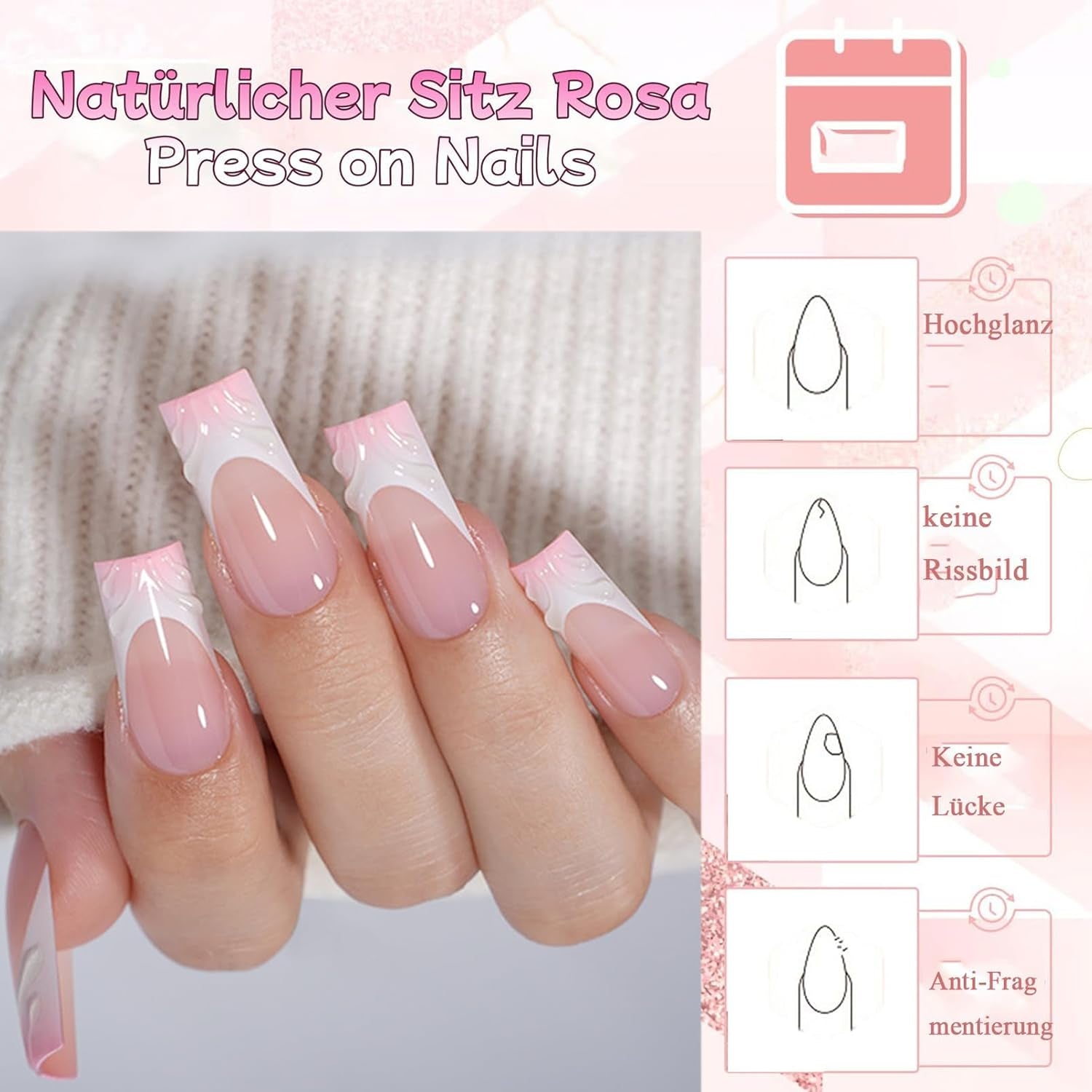 30 unghie finte francesi - colla su unghie artificiali - unghie in gel morbido per donne - manicure quadrata per unghie adesive acriliche (rosa francese)