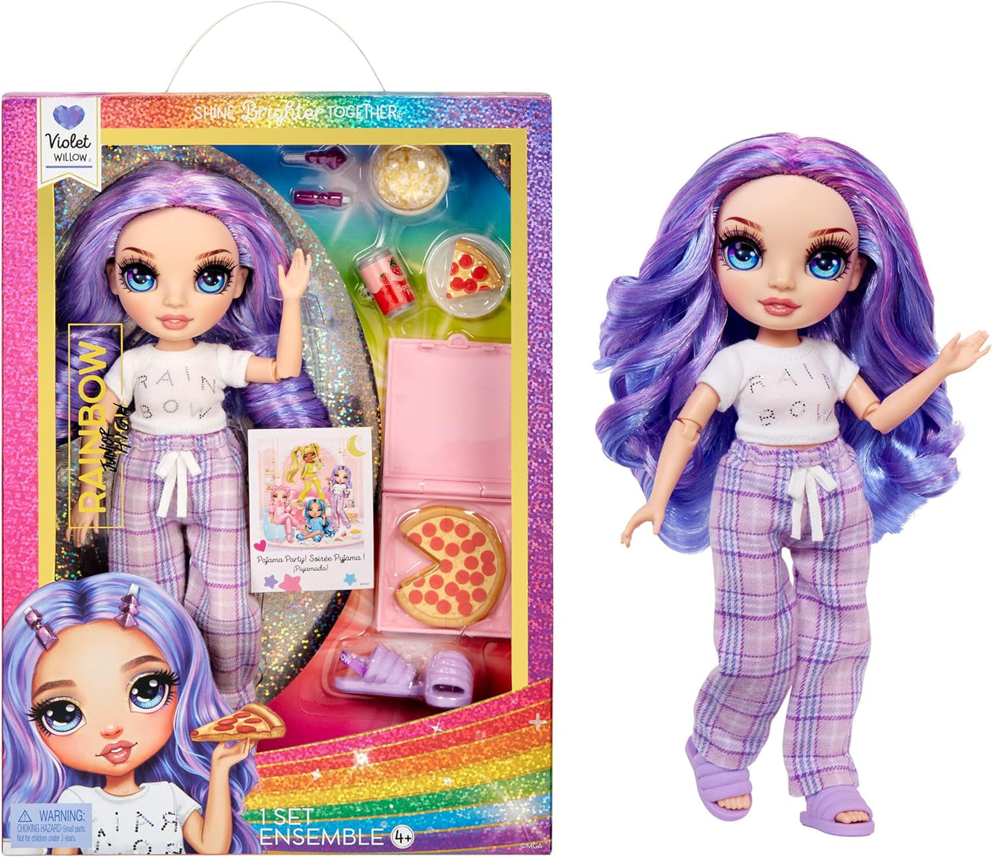 Rainbow High Junior High PJ Party Doll - Viola - 22 cm con tuta morbida, pantofole e accessori da gioco - Giocattolo per bambini - Ideale per 4-12 anni