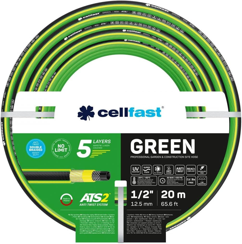Tubo da giardino Cellfast GREEN ATS2, duraturo, flessibile, 5 strati, treccia incrociata ATS2, resistente ai raggi UV e alle alghe, senza metalli pesanti, 30 bar, -20/+60°C a breve termine, 3/4", 20m
