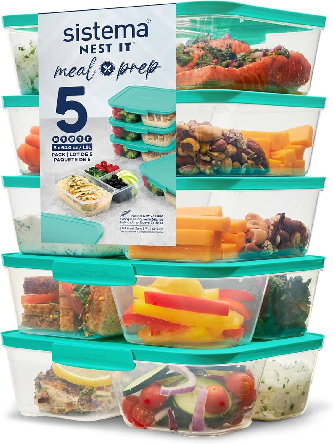 Contenitori per la conservazione degli alimenti del sistema IT Nest Scatole per la preparazione dei pasti | Contenitori ermetici da 1,9 litri con TRE scomparti e coperchi | Senza BPA | Verde | 5 scatole per alimenti Naty Shop da 5 X 1,9 LITRI