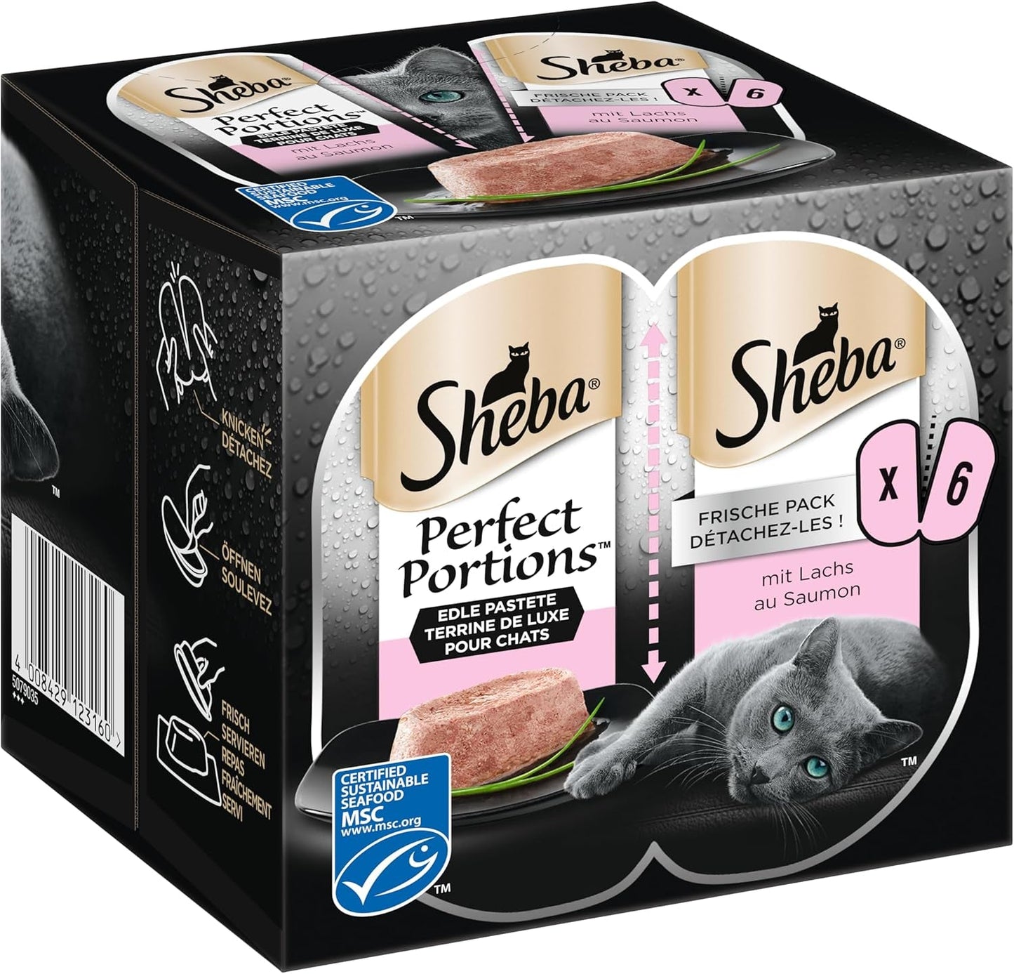 SHEBA Perfect PORTIONS patè per gatti con salmone, certificato MSC, 8 x 3 x (2 x 37,5 g) = 225 g (La confezione verrà aggiornata)