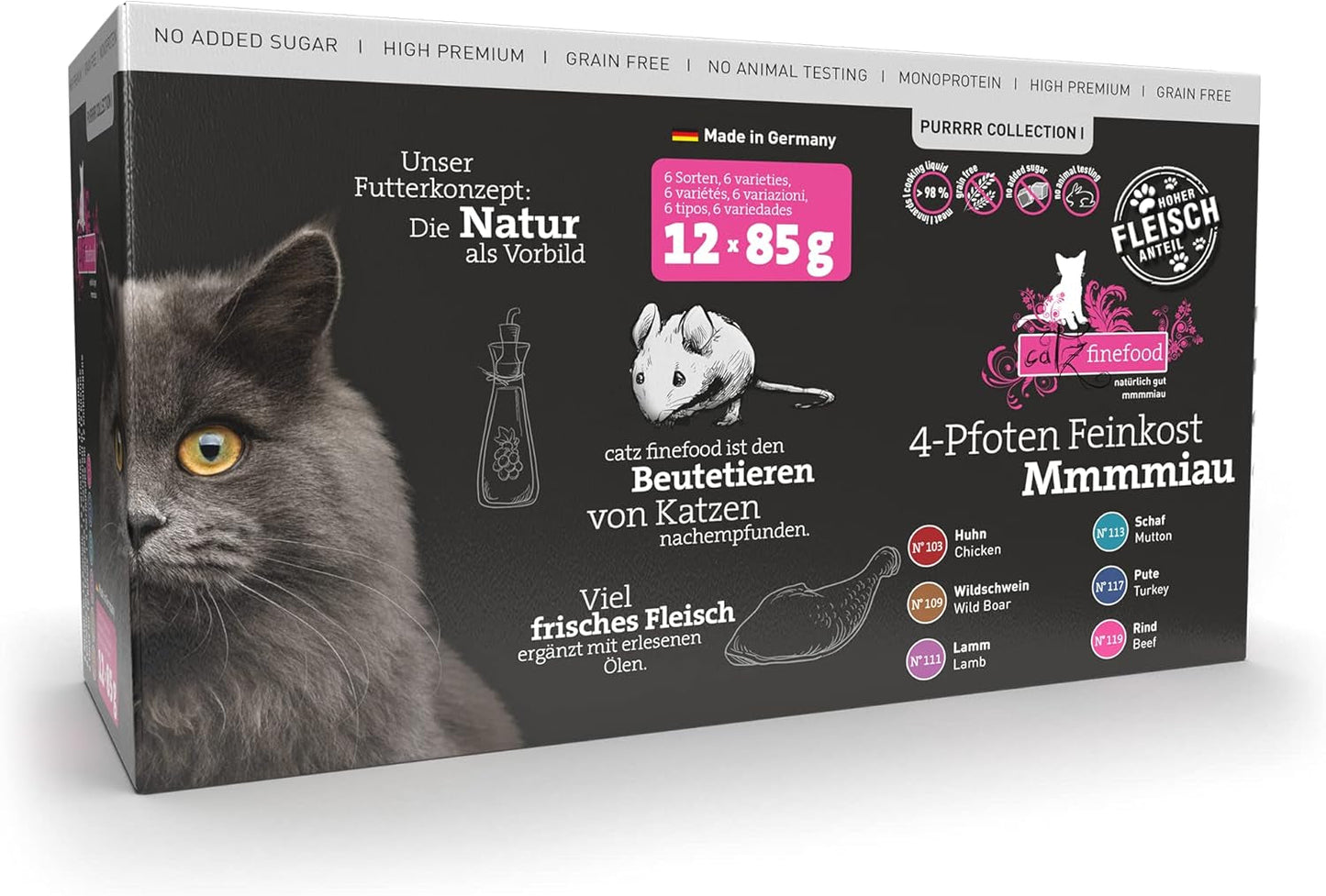 Catz Finefood Purrrr Collection I - Cibo umido per gatti monoproteico - Senza cereali, senza zucchero, ipoallergenico - Alto contenuto di carne - Confezione multipla di cibo umido per gatti - In bustine, 85 g (12 confezioni)