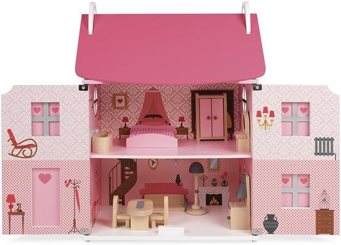 Janod - Casa delle bambole in legno Mademoiselle, 3 piani e 11 accessori, giocattolo replica, sviluppa l'immaginazione, dai 3 anni in su, J06581, Pink Naty Shop Dollhouses