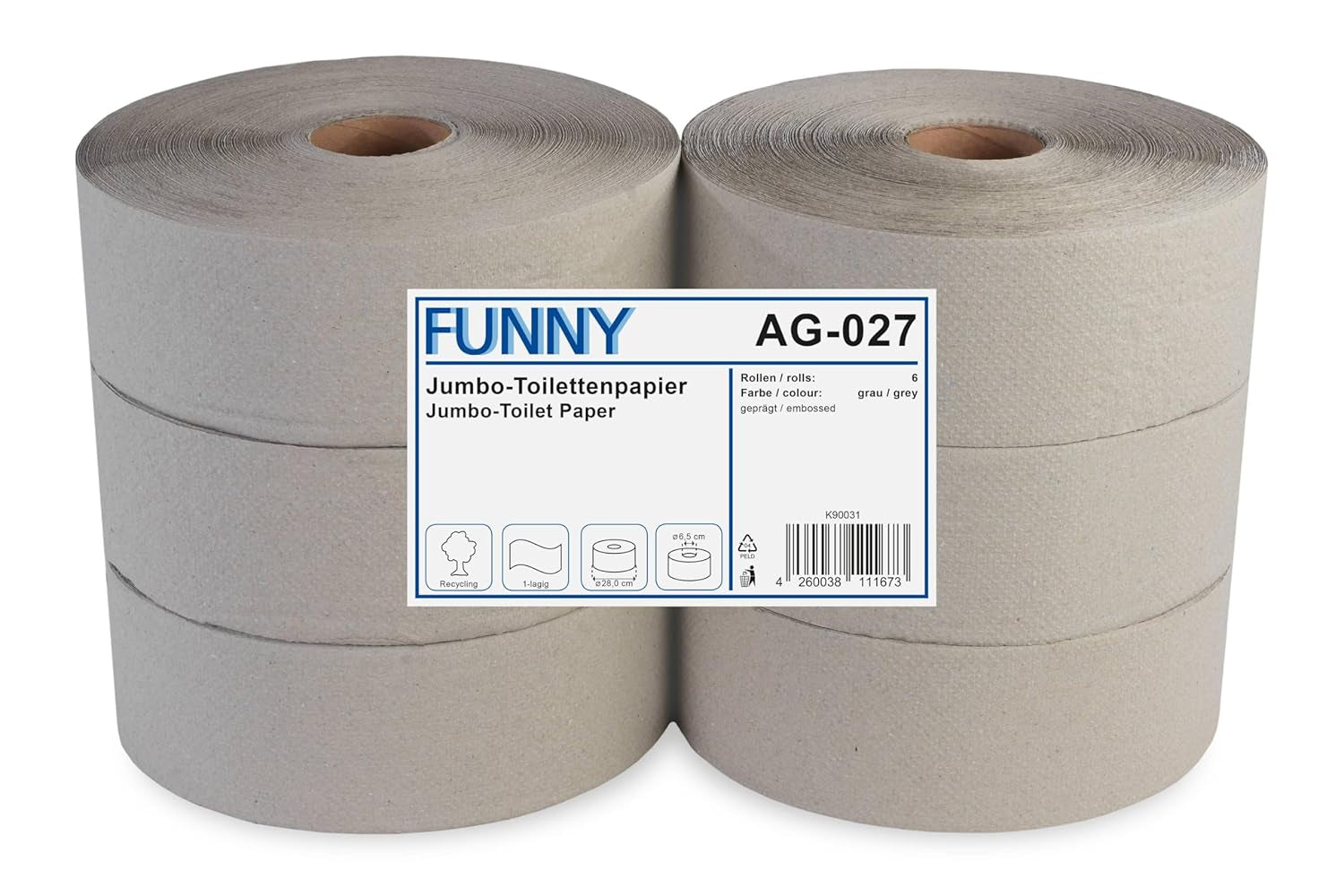 Funny AG-027 Carta igienica Jumbo, 1 velo, riciclata, diametro 28 cm (confezione da 6)