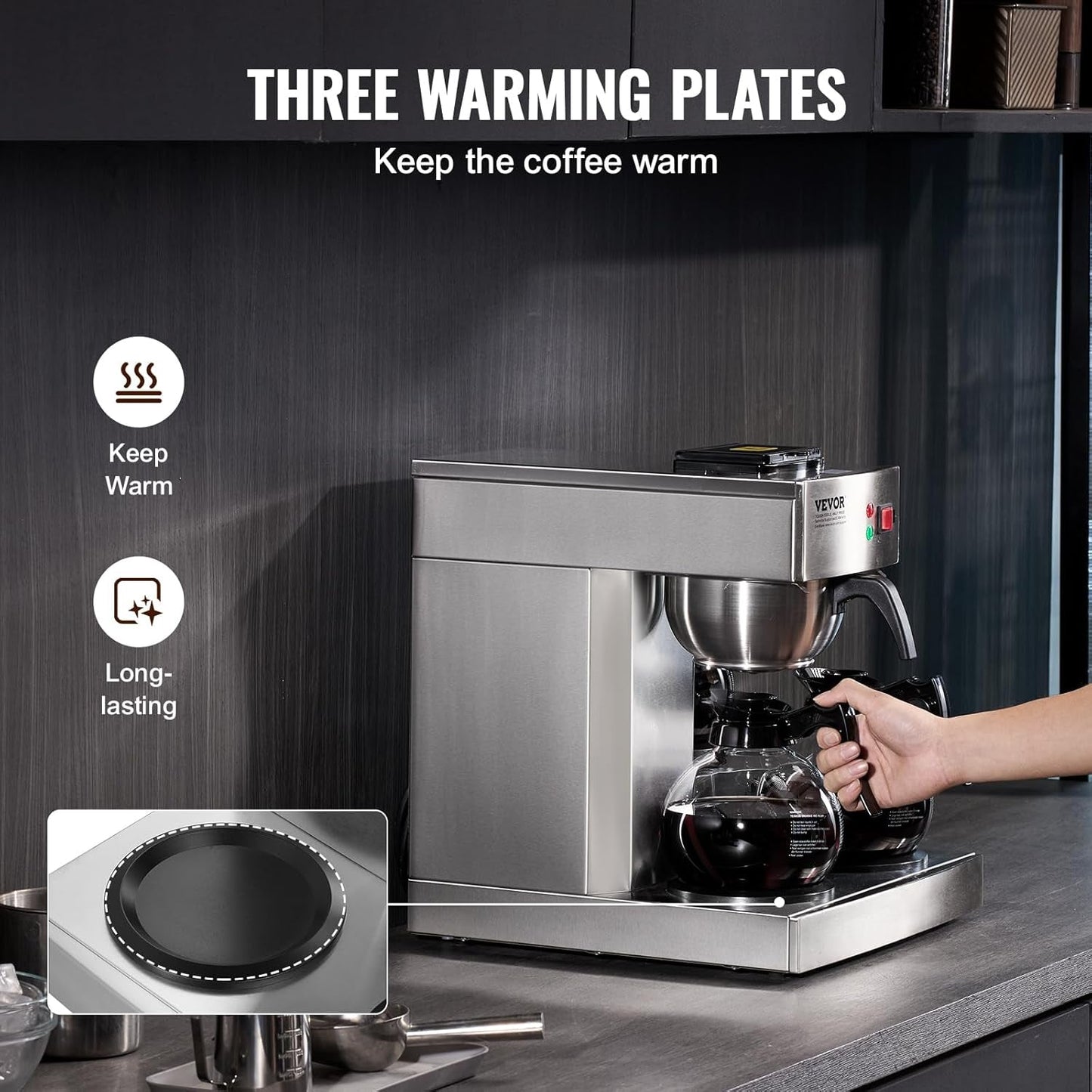 VEVOR Macchina per caffè espresso commerciale con filtro da 12 tazze con 3 caraffe in vetro e 3 piastre riscaldanti Macchina per caffè espresso in acciaio inossidabile con fornitura automatica di acqua per bar ristorante ufficio