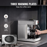 VEVOR Macchina per caffè espresso commerciale con filtro da 12 tazze con 3 caraffe in vetro e 3 piastre riscaldanti Macchina per caffè espresso in acciaio inossidabile con fornitura automatica di acqua per bar ristorante ufficio