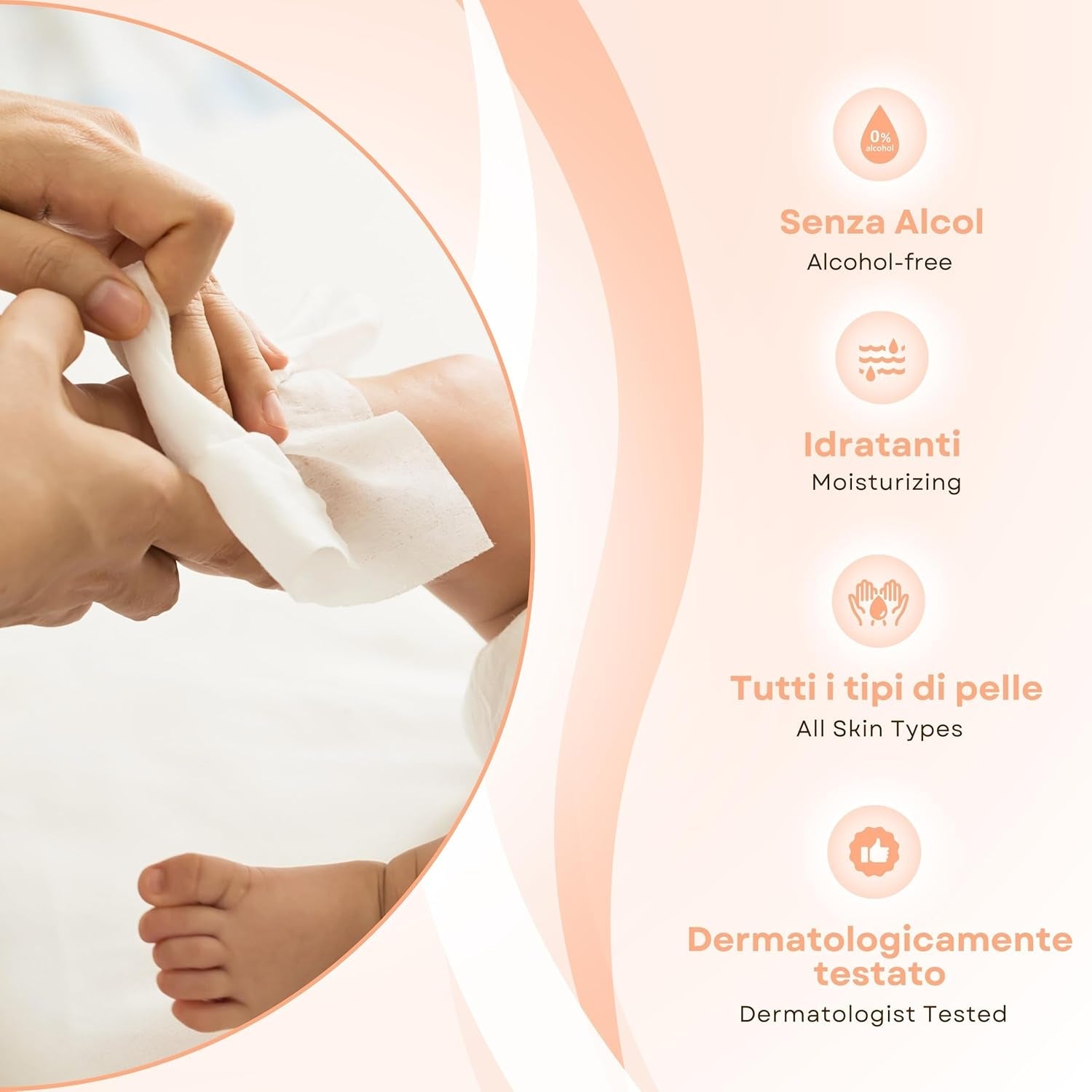Salviette per neonati con talco per pelli sensibili, senza alcool, delicate sulla pelle, pH 5,5, leggermente profumate, 1200 unità (confezione da 12)