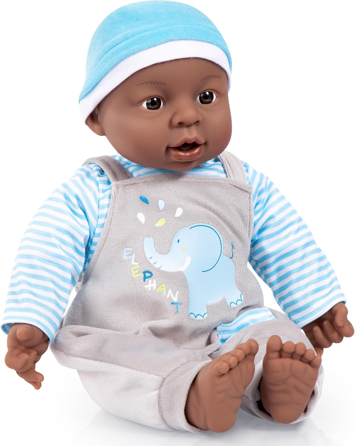 Bayer Design 94001AH Bambolina interattiva, ragazzo, parlante, corpo morbido, 40 cm, pelle scura, blu