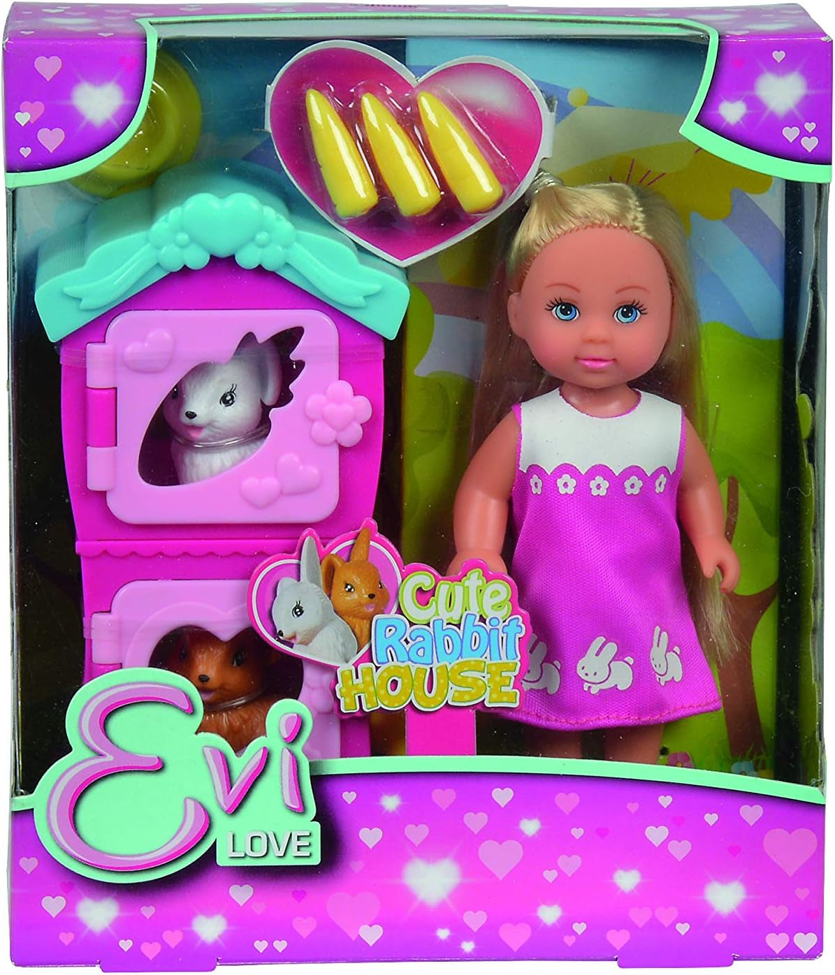 Simba 105733041 - Evi Love Puppy Love con TRE cuccioli, con cuccia e accessori, bambola alla moda, 12 cm, per bambini dai 3 anni in su