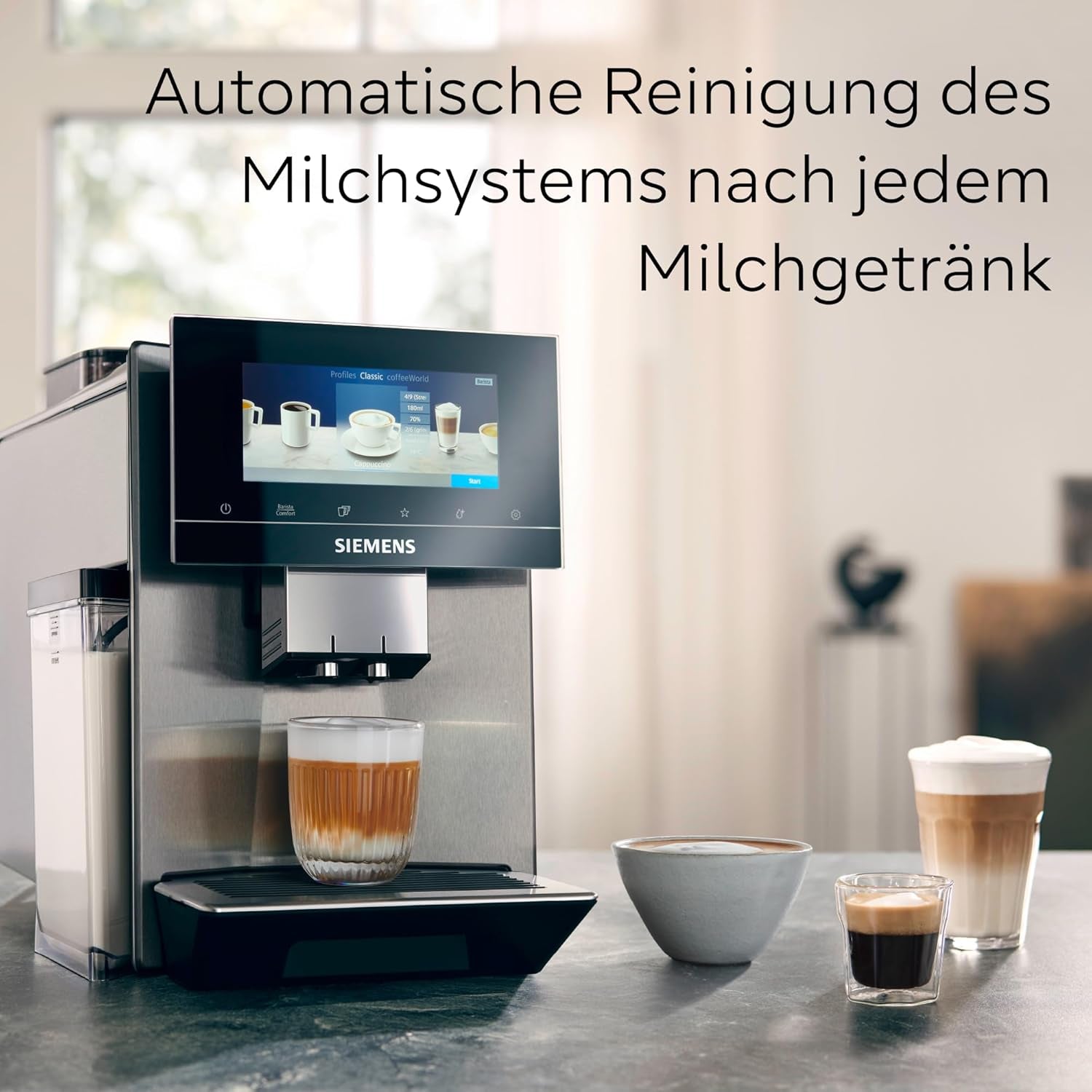 Macchina per caffè espresso automatica Siemens EQ900, ampio schermo a colori TFT, 2 contenitori di chicchi, 36 bevande calde e fredde, caffè freddo, super silenziosa, funzione due tazze, controllo app, acciaio inossidabile, TQ907D03