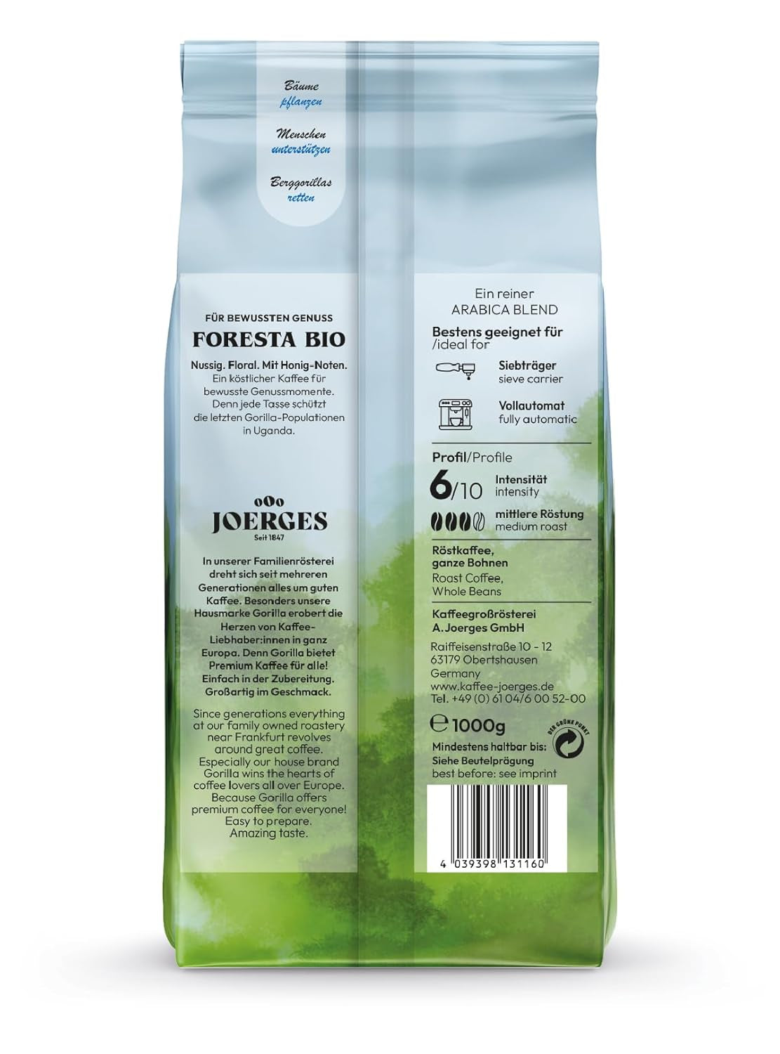 Joerges Foresta caffè 1000g chicchi interi tostati | Miscela Arabica di qualità | Per macchine da caffè portafiltro e completamente automatiche | Espresso