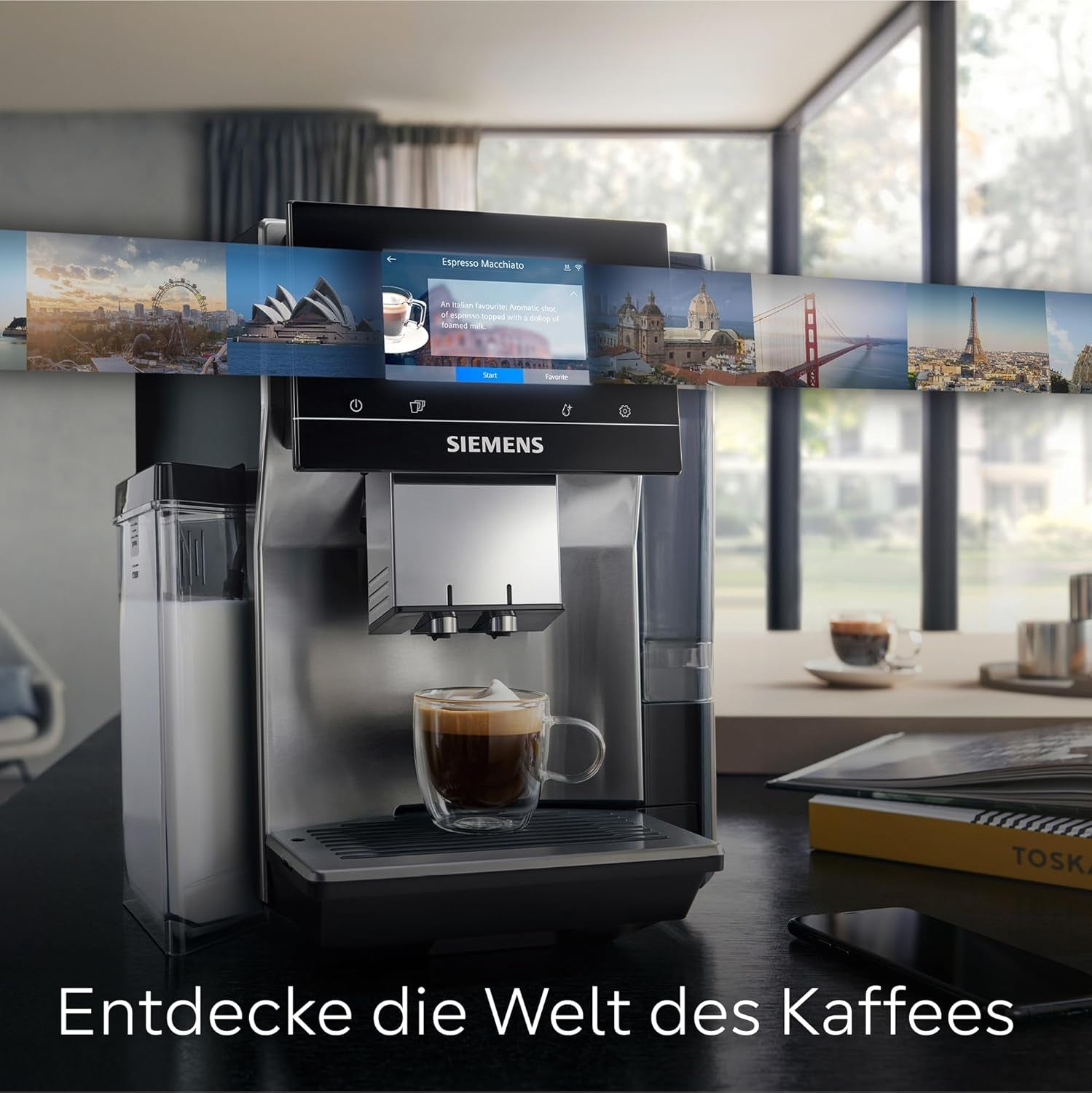 Macchina per caffè espresso completamente automatica Siemens EQ700, ampio schermo TFT a colori, 36 bevande calde e fredde, birra fredda, funzione 2 tazze, controllo app, sistema di pulizia automatico, acciaio inossidabile nero, TQ717D03