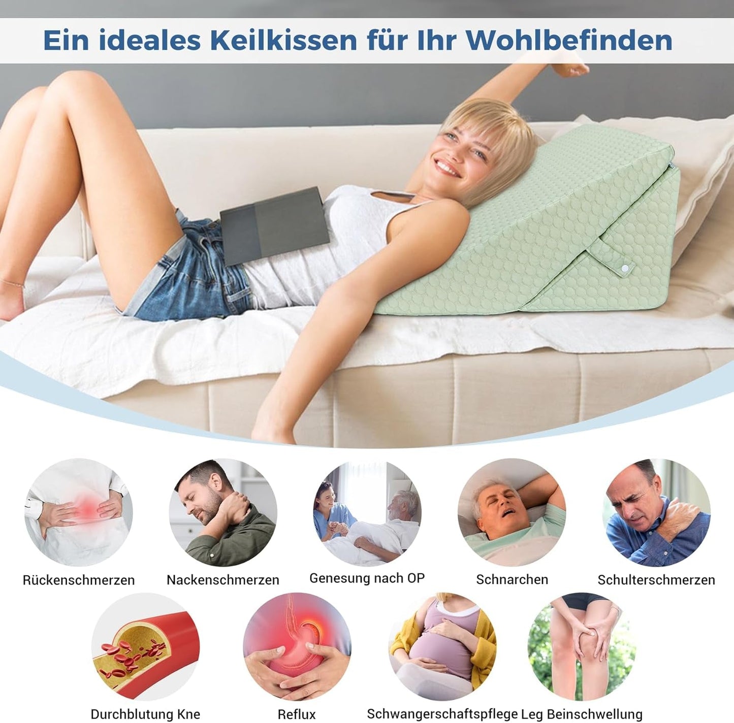 Cuscino a cuneo regolabile per bambini, cuscino da lettura in schiuma ad alta densità per letto e divano, cuscino ergonomico per la testa del letto a cuneo per apnea da reflusso notturno, cuscino per le gambe/cuscino per la schiena per il gioco e la lettura (Verde)