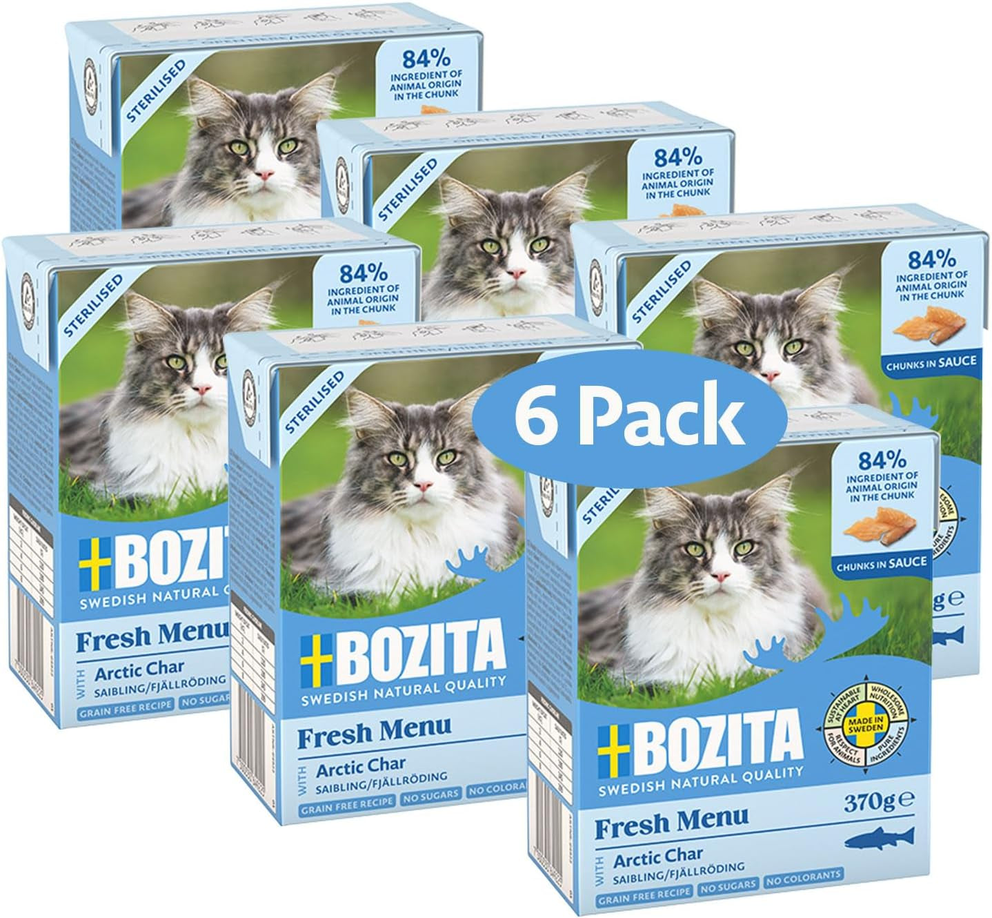 Bozita Tetra Pezzi sterilizzati in salsa al carbone - 6 x 370g Cibo umido per gatti senza cereali e senza zucchero - non OGM, con 8,5% di proteine ​​e 4,5% di grassi - di alta qualità ed estremamente gustoso