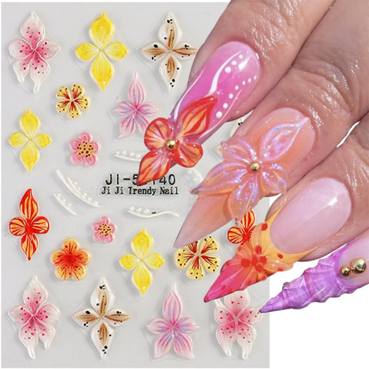 JMEOWIO 3D Nagelsticker Fiore colorato Nail Art Sticker Selbstklebend Nagelaufkleber 5D Stereoscopico Decorazione floreale primavera estate Nageldesign Zubehör 4 Blatt