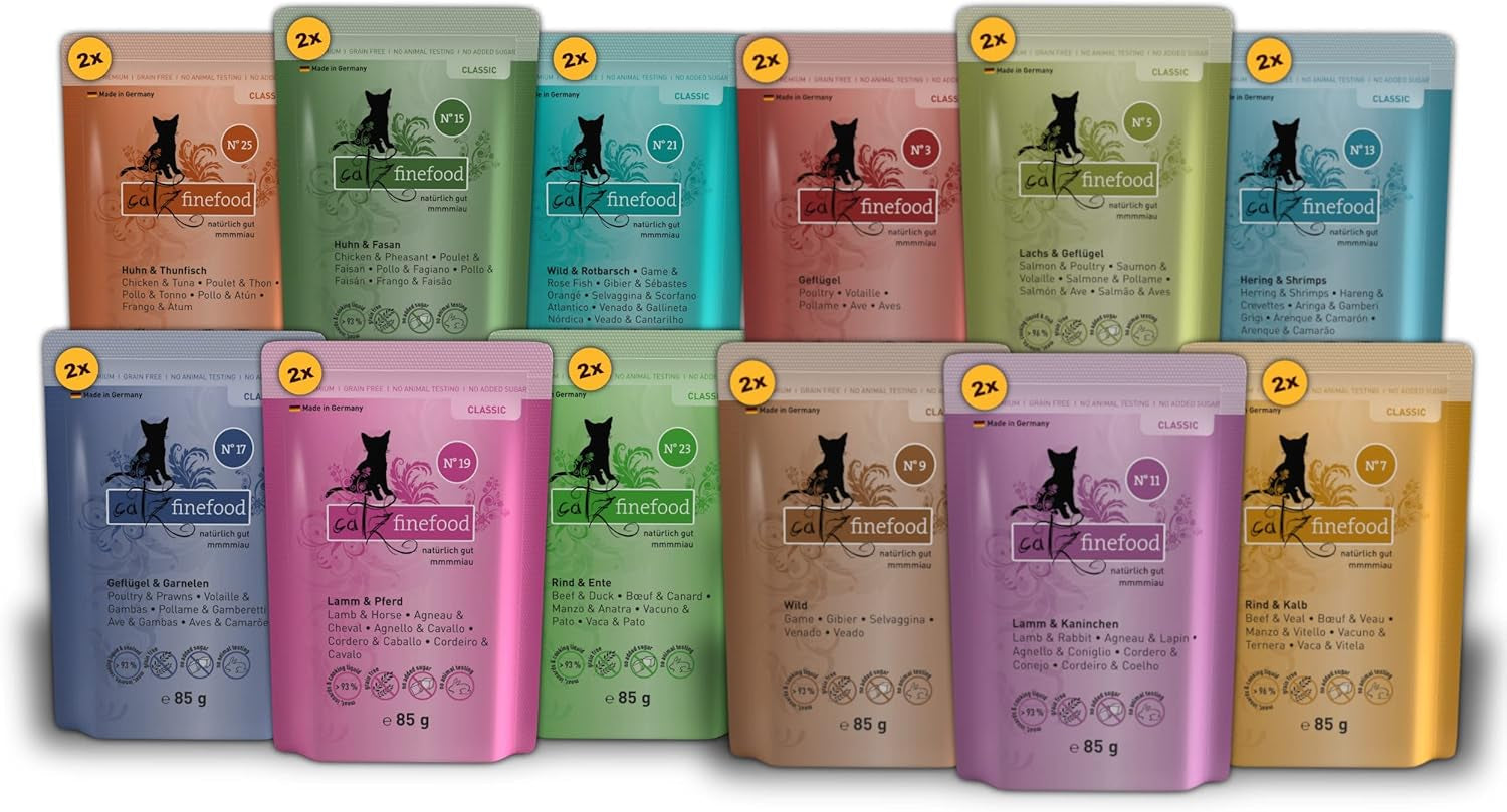 Catz Finefood Classic Collection Confezione mista Cibo umido per gatti - Cibo umido gourmet per il tuo gatto, senza cereali e senza zucchero, con un alto contenuto di carne, 24 bustine x 85 g
