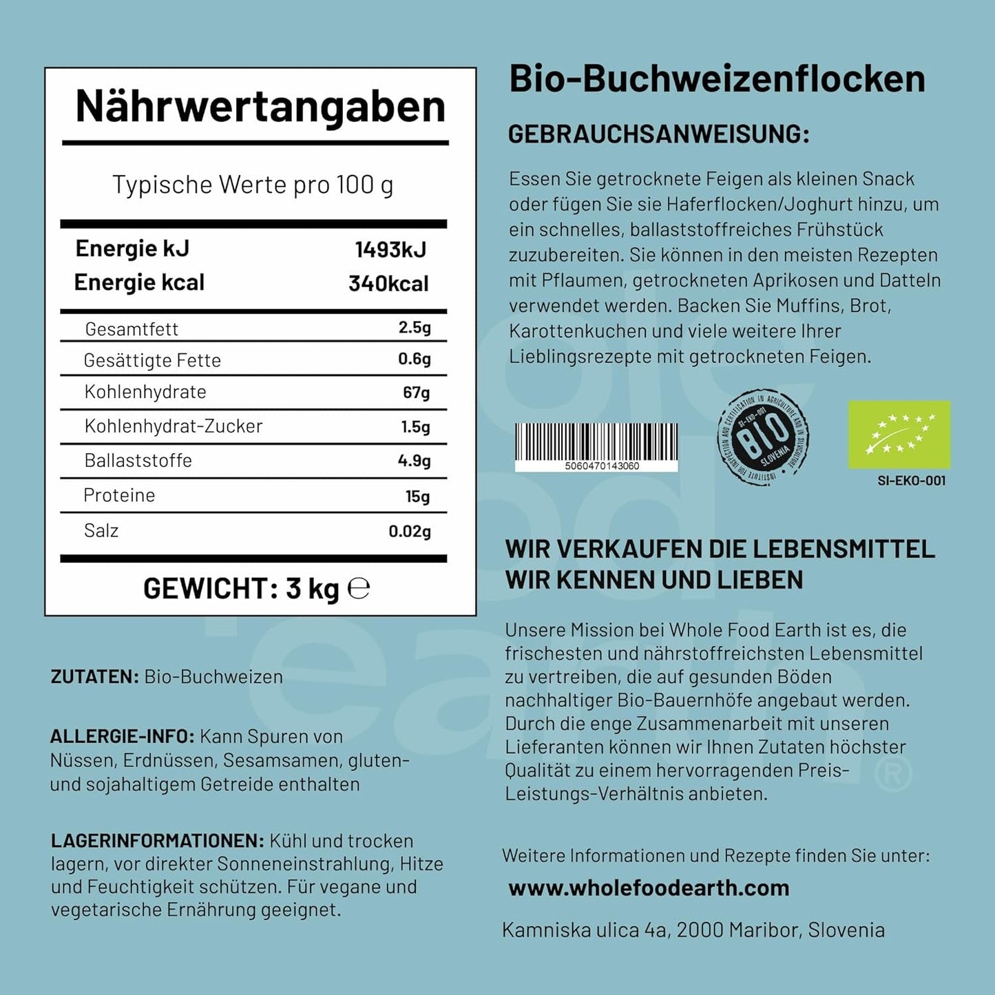 Fiocchi di Grano Saraceno Biologici Wholefood Earth – 3 kg | Grezzo | Non OGM | Vegano | Fonte di fibra | Certificato biologico