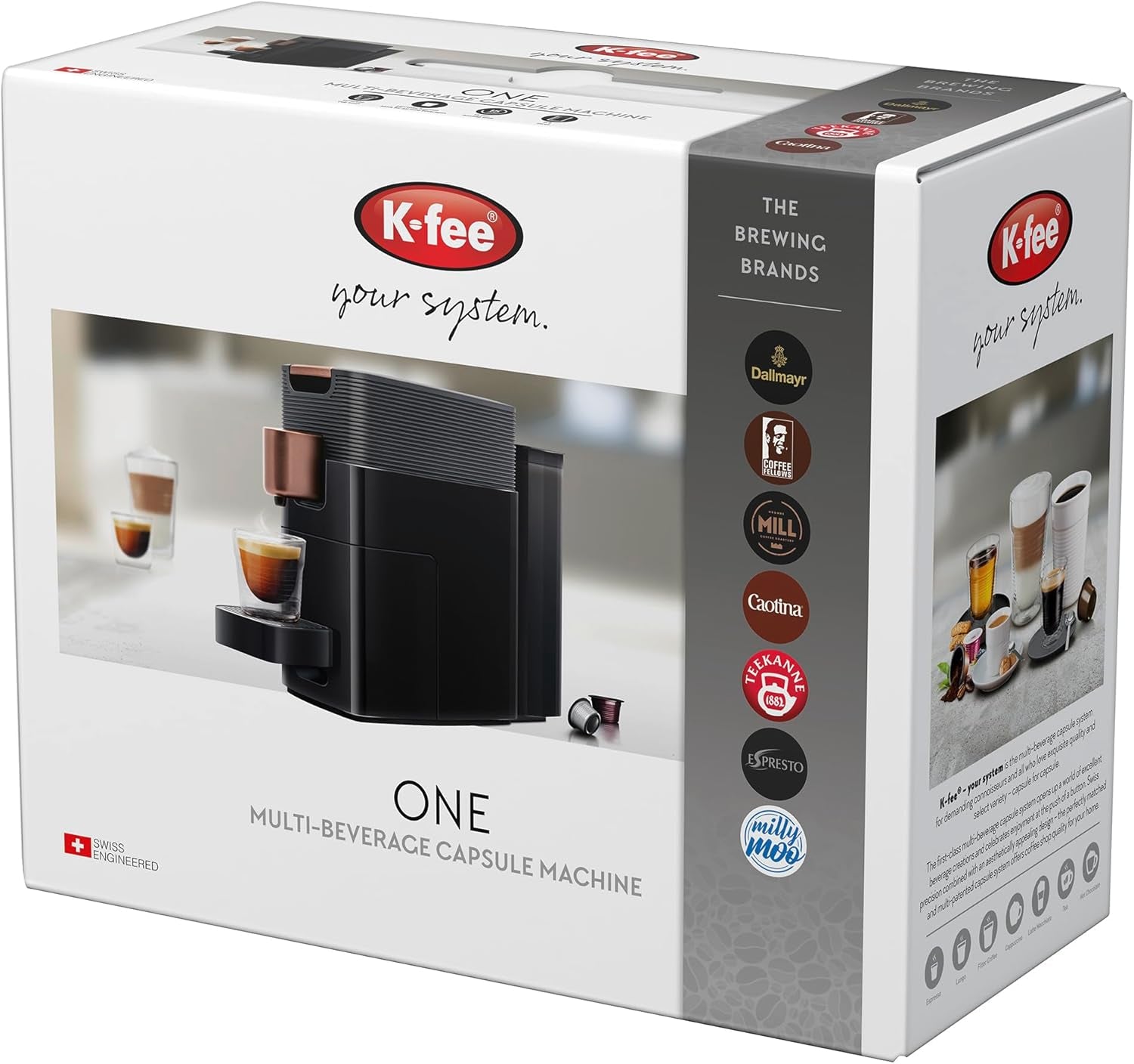 Macchina per caffè espresso con capsule K-FEE ONE per caffè, tè e cacao | Espresso compatto | Riscaldamento rapido | Serbatoio dell'acqua da 0,8 l | 19 battute | Rame nero | Vincitore del test Stiftung Warentest 2023